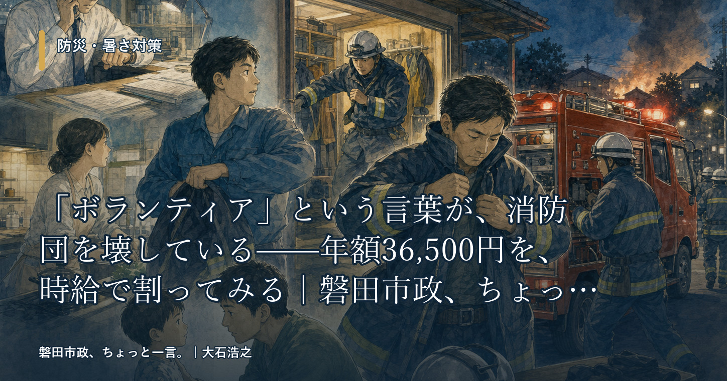「ボランティア」という言葉が、消防団を壊している——年額36,500円を、時給で割ってみる｜磐田市政、ちょっと一言。