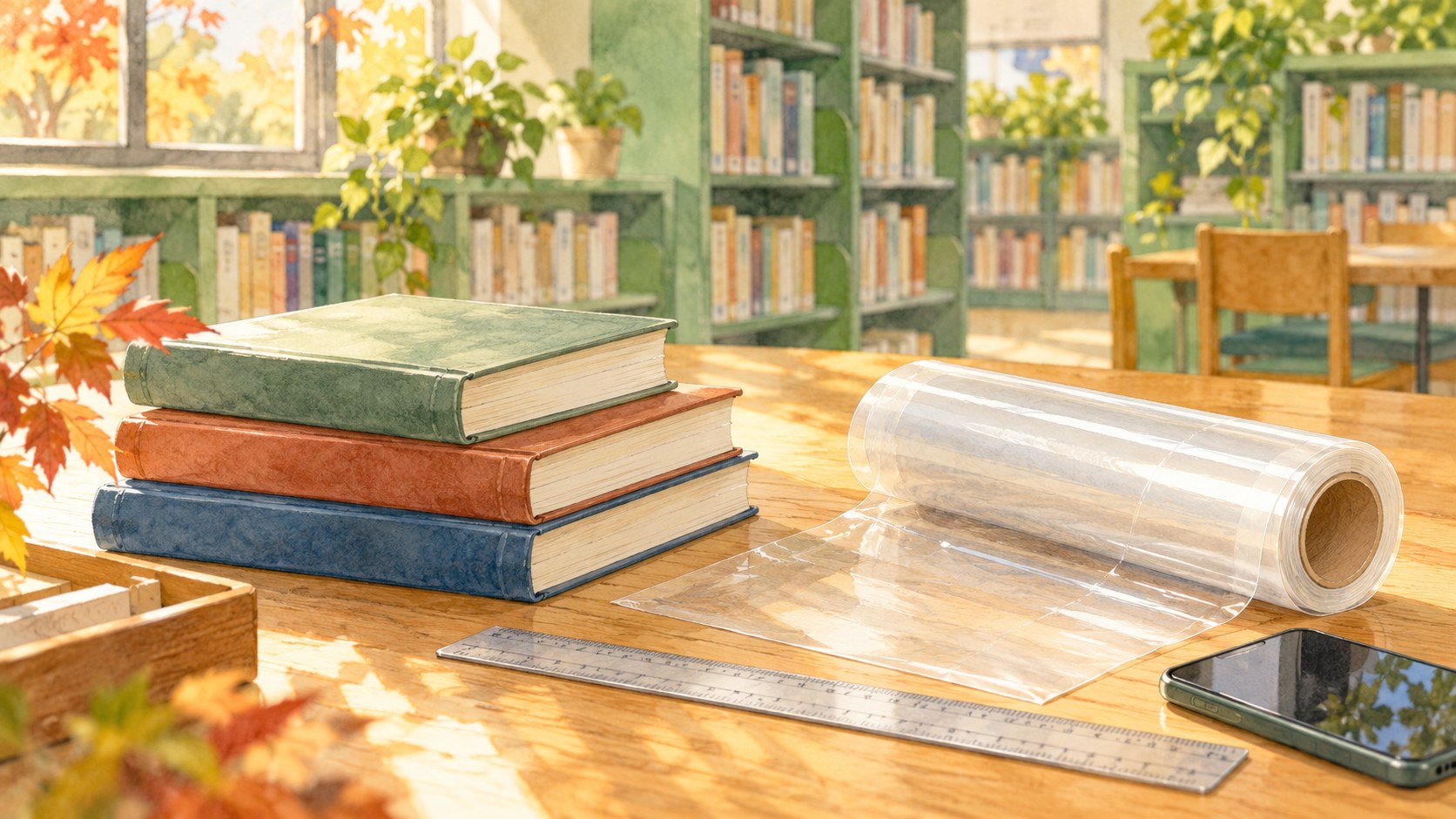 本、透明な保護フィルム、定規、スマートフォンを図書館の机に並べた水彩イラスト。図書館のお仕事体験を表す架空の場面で、実際の竜洋図書館や参加者の写真ではありません。