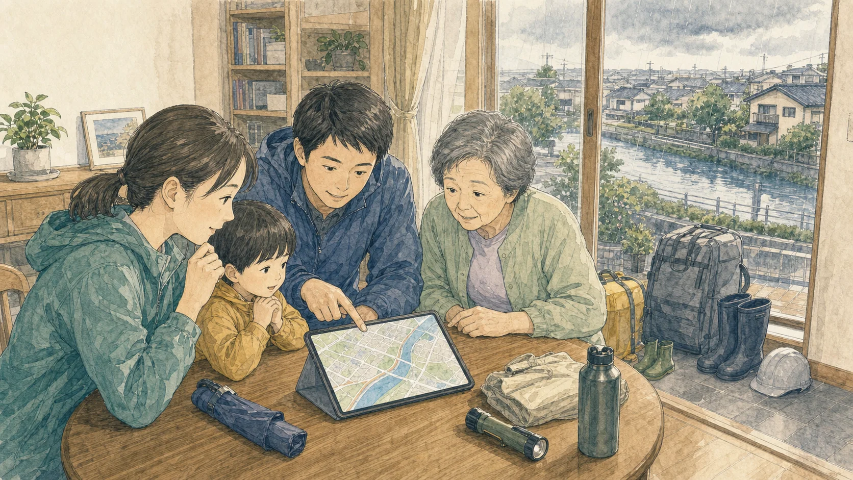 あなたの家は、浸水何センチ？ ― 1月に始まった磐田のデジタルハザードマップを、梅雨の今こそ家族で開こう――対話と確認を重ね、改善へ進む場面