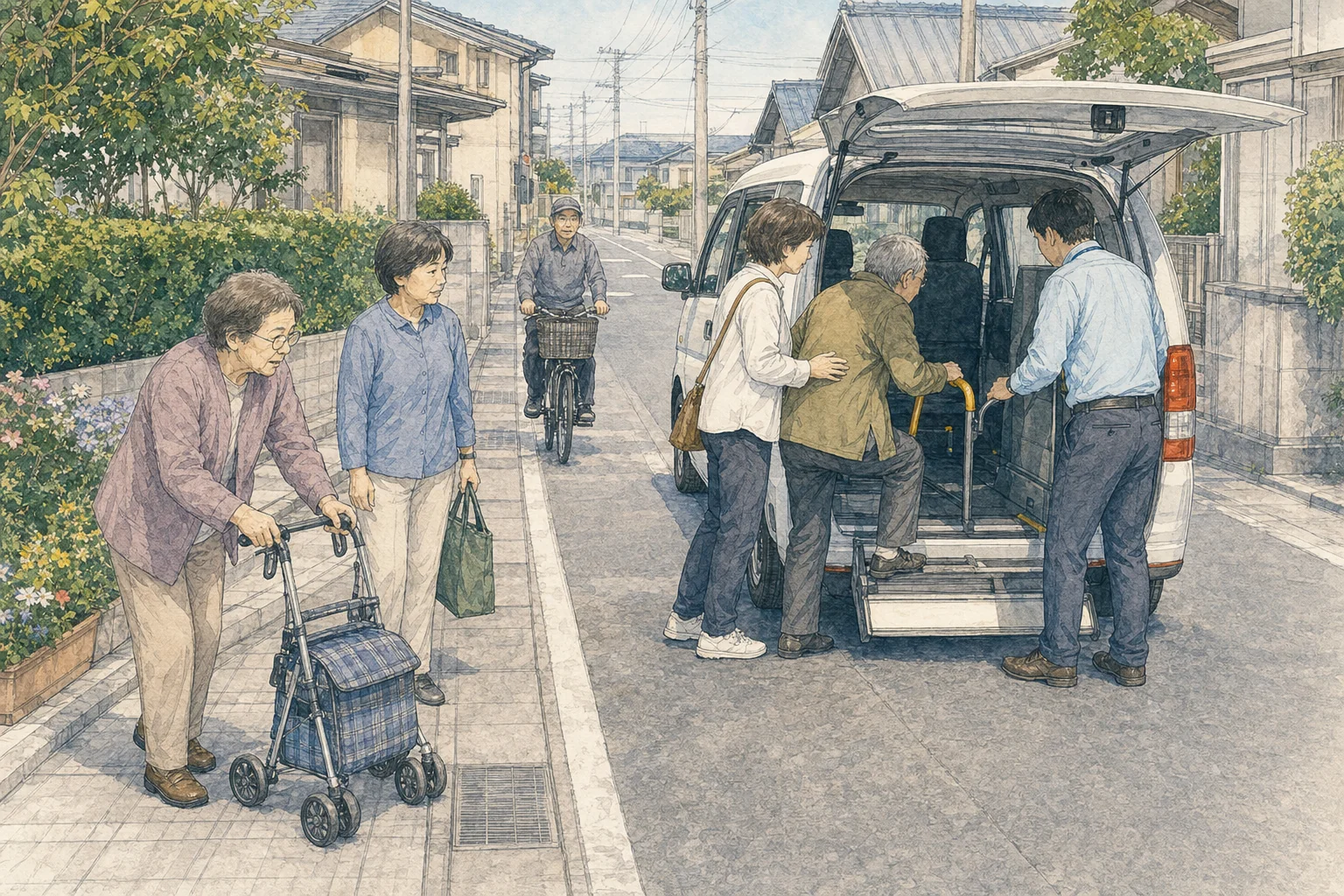 お助け号の使い方の流れ。無料の利用者登録をし、電話またはインターネットで予約する。予約の締切は行きが2時間前、帰りが1時間前、午前9時以前の便は前日午後5時まで。予約するとタクシー車両が自宅まで迎えに来て、自宅と指定の施設の間を運ぶ。運行は月曜から土曜。
