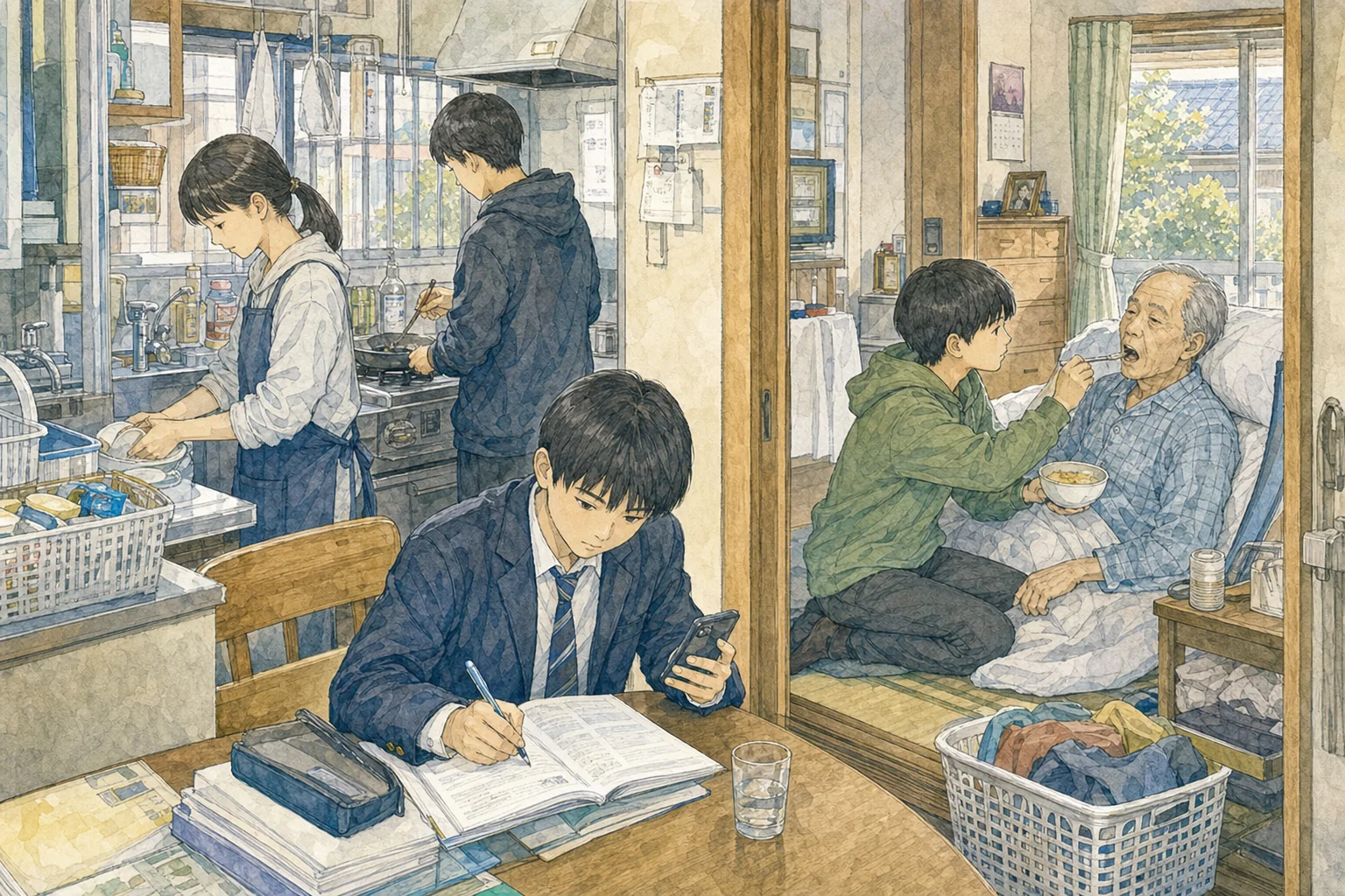ヤングケアラーとは。家族の介護その他の日常生活上の世話を過度に行っている子ども・若者のこと。2024年の子ども・若者育成支援推進法の改正で初めて法律に定義された。支援の対象年齢はおおむね30歳未満まで。具体例として、祖父母の介護、幼いきょうだいの世話、家事の担い手、家族の通訳など。