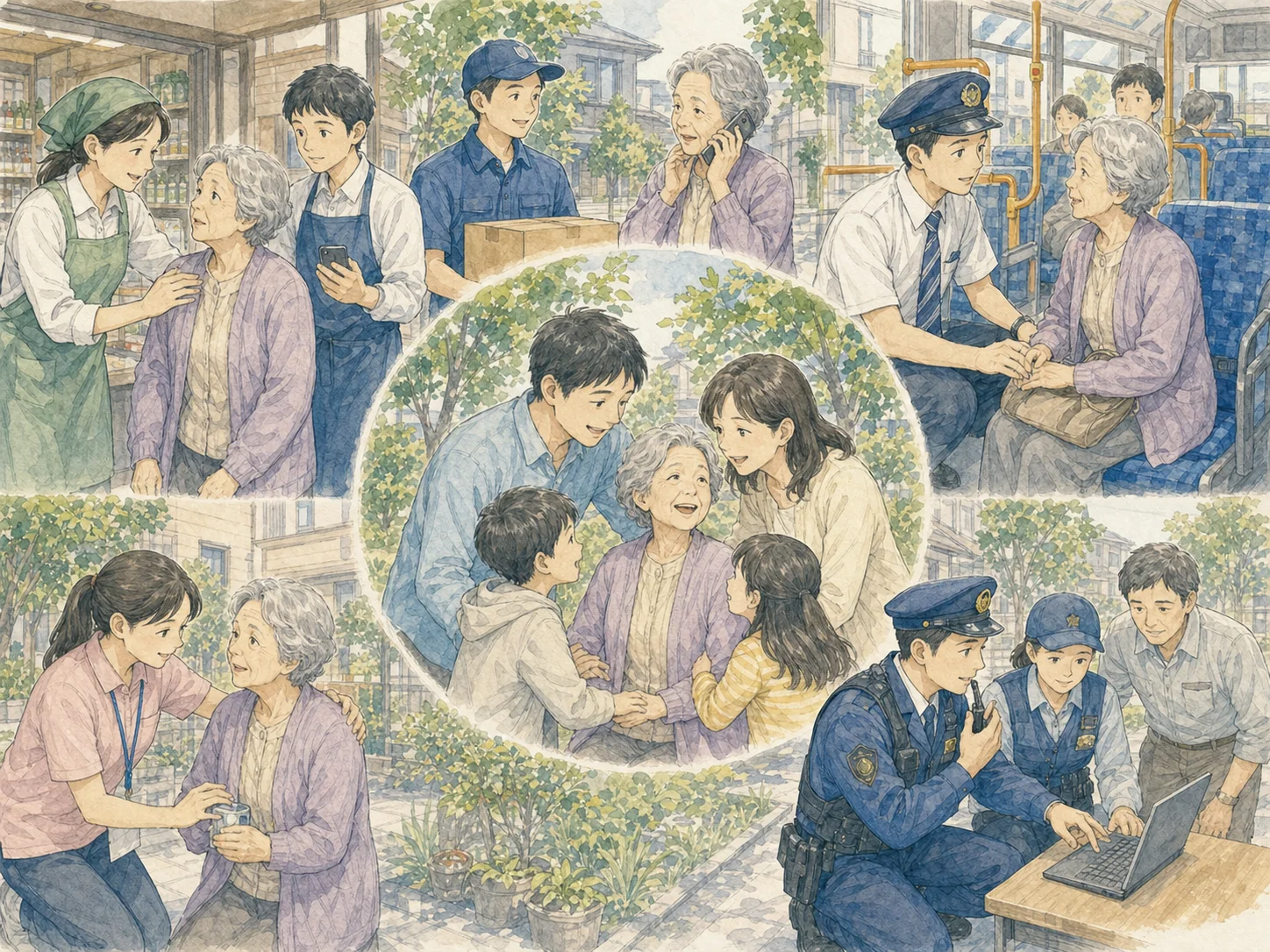 磐田市の高齢者等見守りネットワーク。自治会連合会、民生委員・児童委員、老人クラブ、警察、消防団、地域包括支援センターに加え、郵便、新聞販売、コンビニ、電力・ガス、銀行・信用金庫、生協、薬局、宅配弁当、葬儀社など約80団体が参加し、日常の業務のなかで高齢者などの異変に気づき支援につなげる。担当は市の高齢者支援課。
