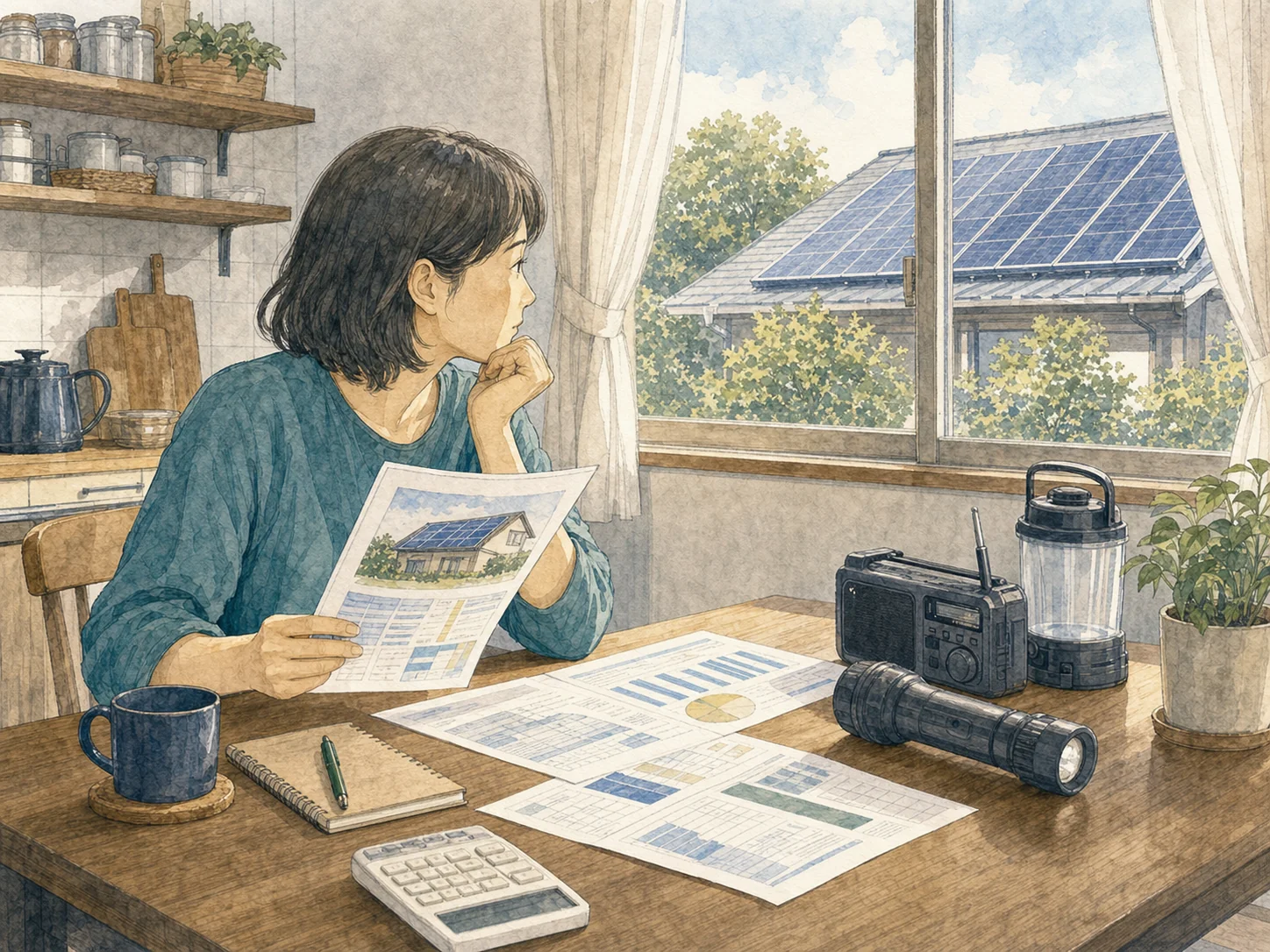 太陽光と蓄電池をセットで入れることの二つの意味。平時は家計。昼につくった電気を使って電気代を抑え、余れば売電もできる。災害時は防災。停電の夜に蓄電池が冷蔵庫・照明・スマートフォンを生かす。太陽光だけでは昼の電気を夜に使えず、蓄電池があってはじめて停電の夜を越せる。