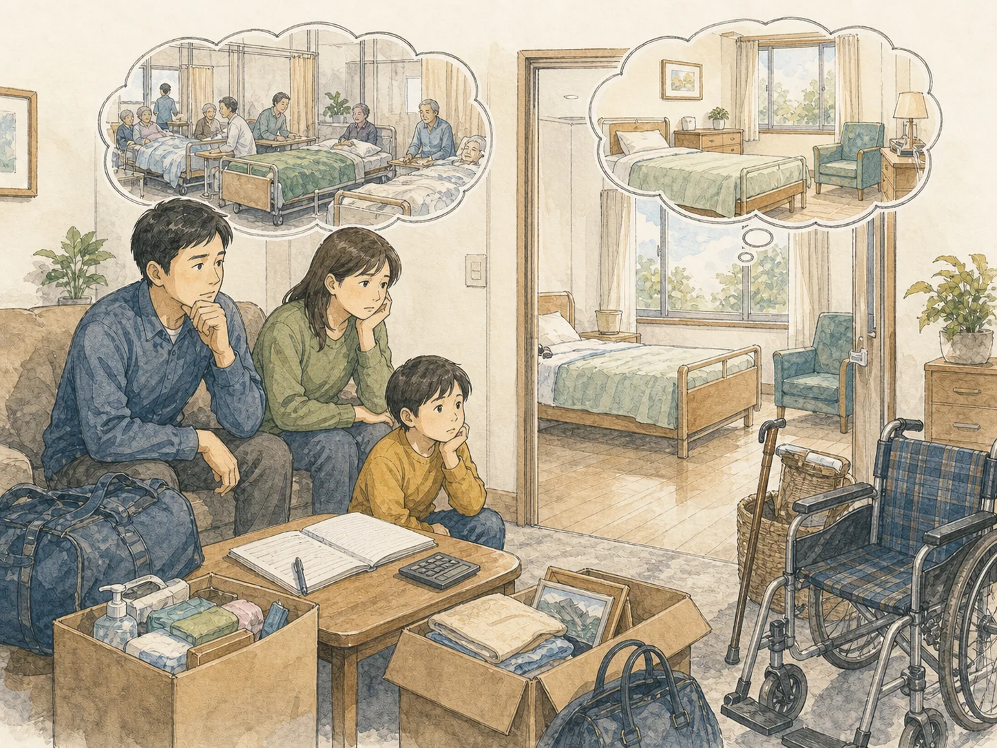 特養の従来型（相部屋）と個室ユニットの比較表。相部屋は月9万円で希望が集中し満床になりやすく、個室ユニットは月13万円で費用が高いぶん空きが出やすい。差はおよそ月4万円。