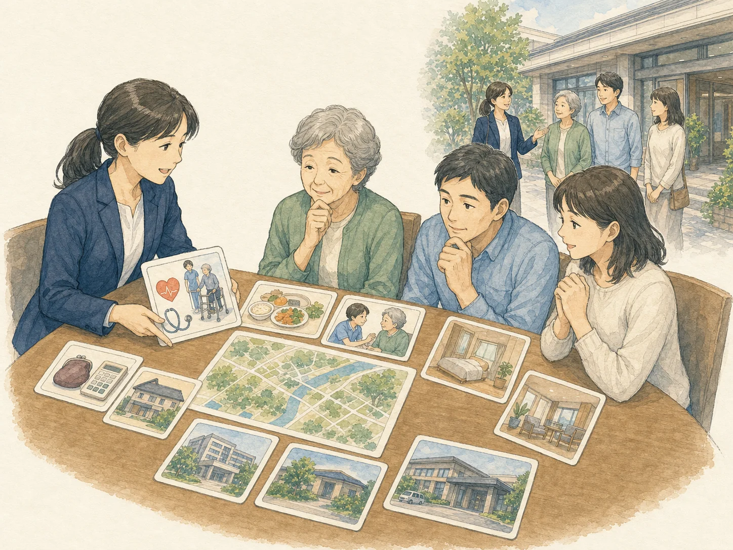 磐田市の介護保険料は月5,600円で全国平均より低め、市内の特養は12施設・966床。全国の特養申込者は27.5万人で3年前より5.1万人減少し、15％超の施設が空きありと回答していることを示す数字カード。
