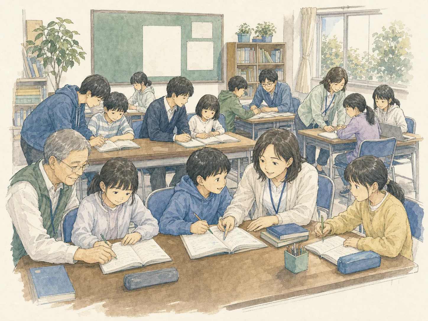 塾任せにしないための役割分担。学校は授業、生活、安全、支援を担い、家庭は生活リズムと小さな習慣を支える。塾や学習支援はつまずきの診断と反復を担い、市と地域は低額または無償で戻れる場を用意する。