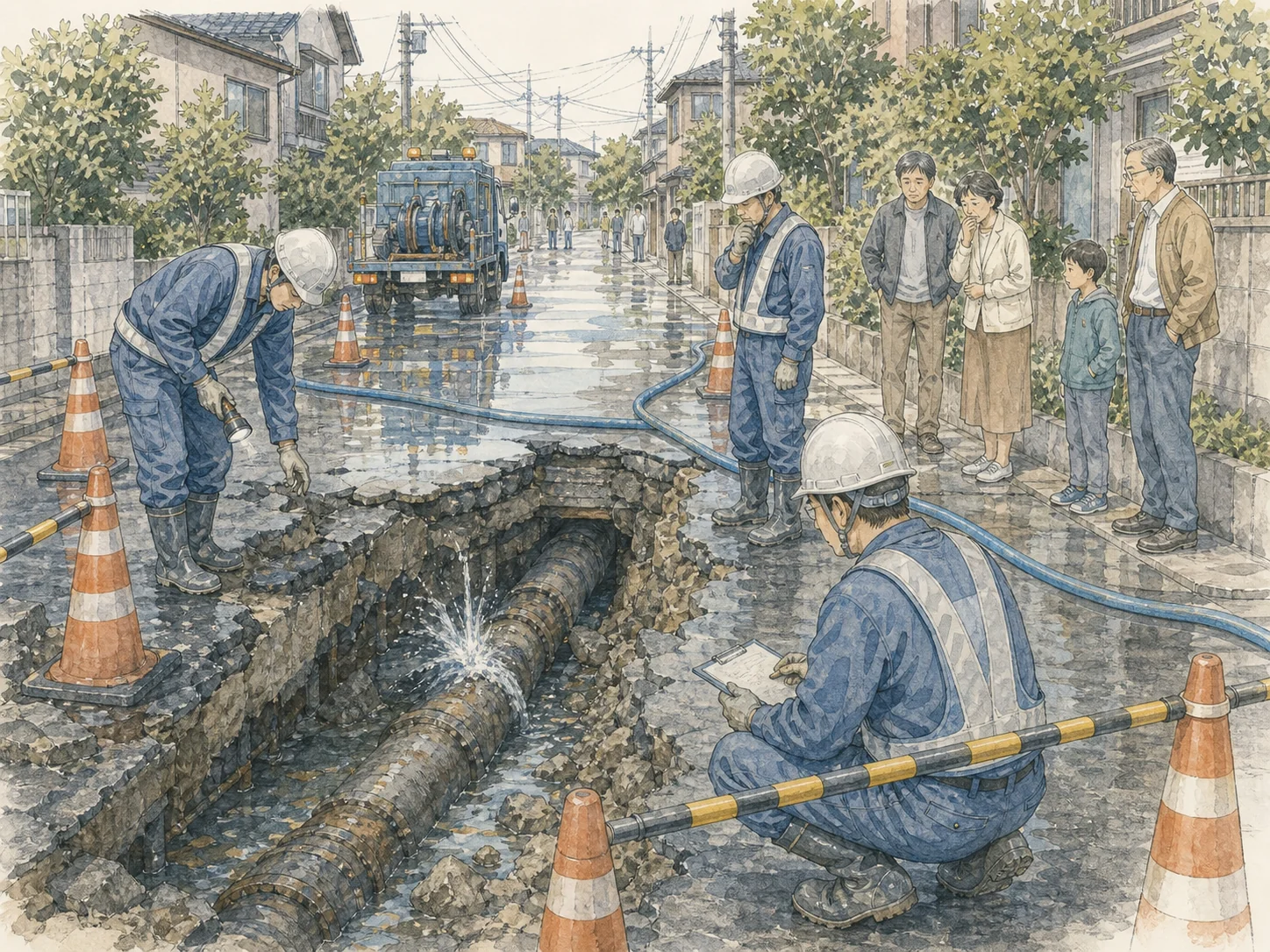 磐田の水道の二つの顔。地上の経営は健全で、経常収支比率112.05パーセント、料金回収率111.81パーセント、累積欠損金比率0.00パーセント、給水原価127.55円と全国平均より安い。一方、地面の下は老朽化が進み、管路経年化率24.85パーセントで4分の1が法定耐用年数40年を超え、管路更新率は0.65パーセントで全部替えるのに約154年かかる計算。有収率83.28パーセントで約17パーセントが漏水等で消え、施設利用率58.66パーセントで余剰能力が大きい。