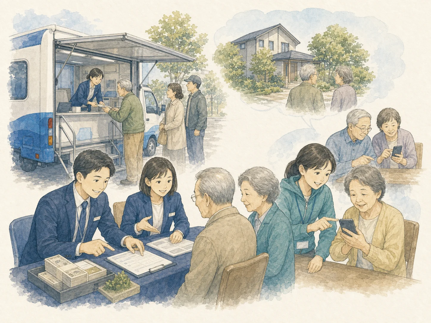 窓口が消えると失われる三つのもの。一つ目は乗れない人の命綱。スマホがない、設定できない、画面が見えづらい高齢者にとって、現金と通帳と対面は贅沢ではなく命綱である。二つ目は詐欺の見守り。窓口の職員のこの振込大丈夫という一声が特殊詐欺を止めてきたが、機械とスマホで完結すると気づく人がいなくなる。三つ目は人生で数回の大金の場面。相続や不動産決済で、高齢の当事者が大金の手続きに一人で向き合うことになる。提案は、乗れない人を置いていかない支援、金融の空白地帯を市が地図で把握、詐欺の見守りを地域で補うこと。