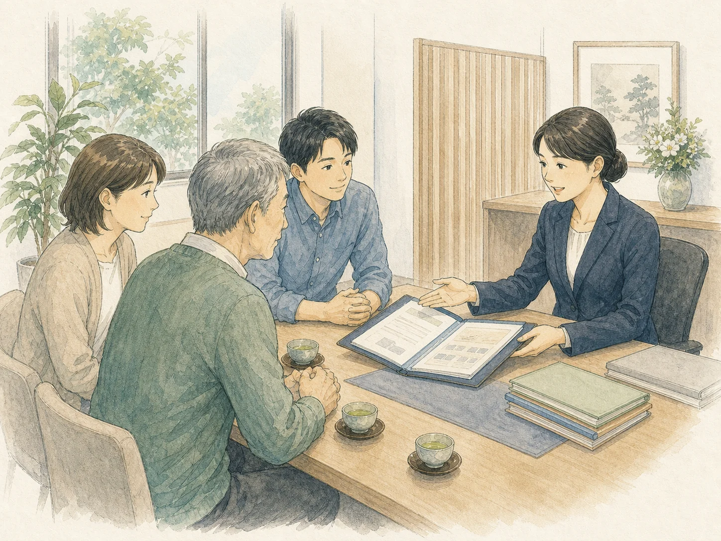 いまのやり方とワンストップ窓口の比較。いまのやり方では、遺族が該当する担当課をひとつずつ訪ねる。丁寧なガイドはあるが、歩く距離は縮まらず、手続き漏れの危険も残る。ワンストップのおくやみ窓口では、予約の日に関係する課の職員が一つの窓口へ出向き、遺族は座ったまま一度で終える。待ち時間がなく、必要な手続きをあらかじめ洗い出すため漏れも防げる。全国では設置する市町村が増えている。