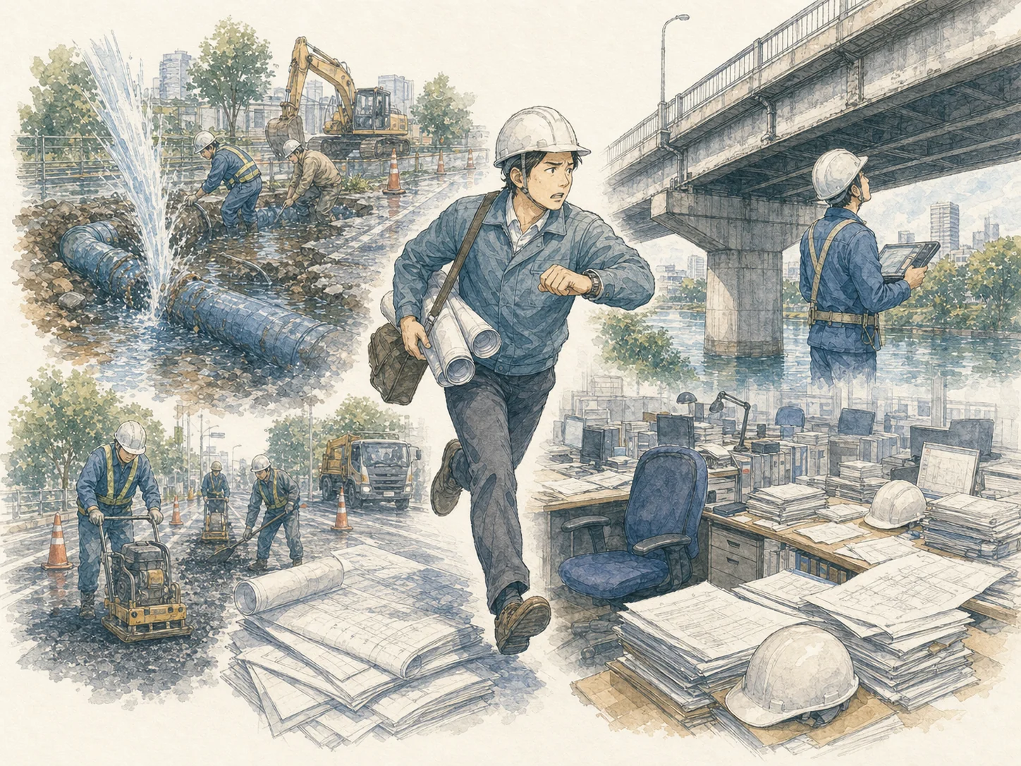 磐田市の部門別職員数の増減（令和6年4月1日から令和7年4月1日）。総務は230人から235人へ5人増、理由は業務増と組織変更。民生は177人から181人へ4人増、業務増と非正規職員の正規への置き換え。税務は57人から58人へ1人増、業務増。商工は26人から27人へ1人増、県東京事務所派遣のため。ところが土木だけは98人から91人へ7人の減で、市は増減理由に「組織変更に伴う職員の減　土木技師不足による」と明記している。一般行政全体では694人から698人へ4人増えているのに、土木だけが減っている。人を減らしたのではなく、採れなかったということ。
