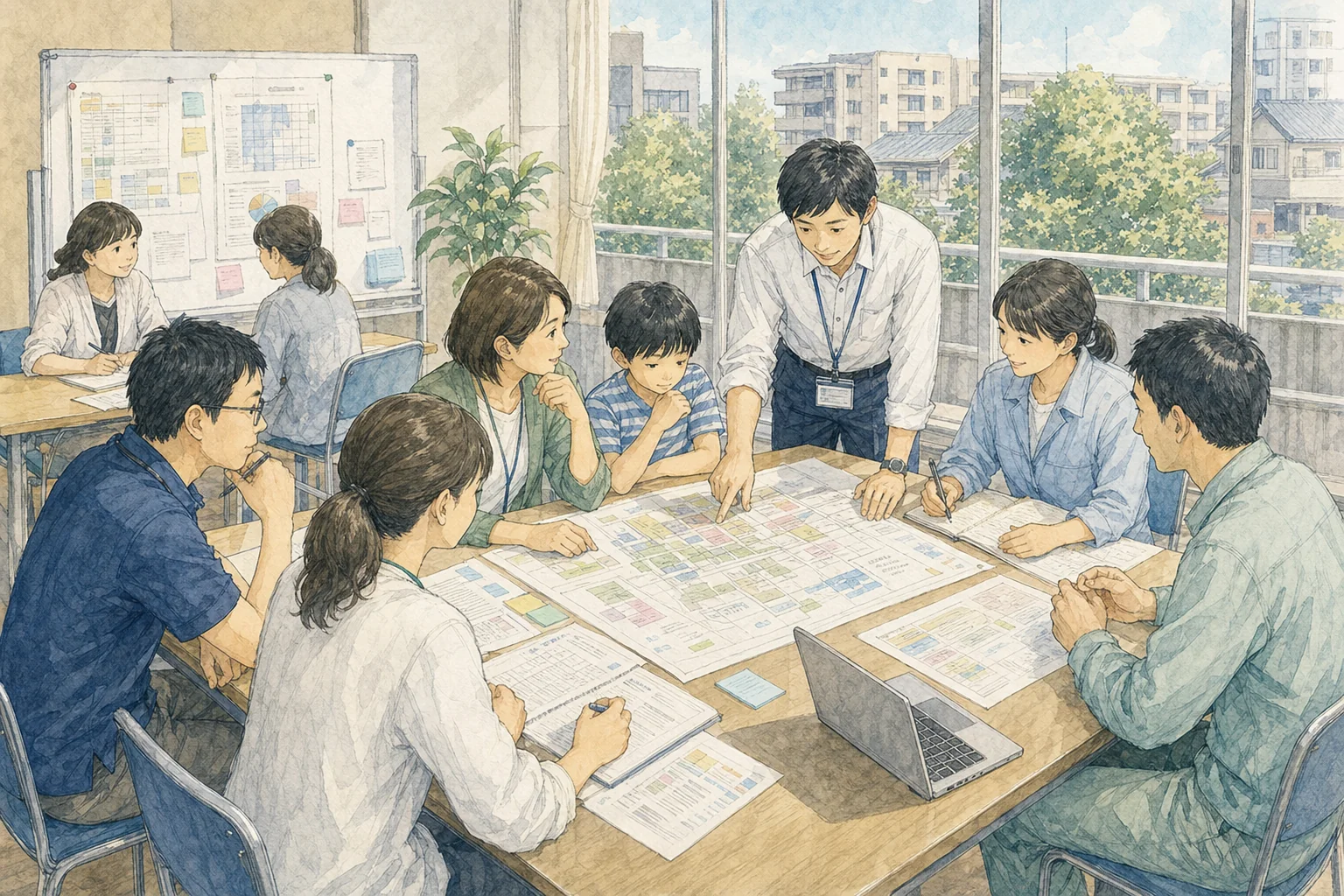 磐田市の放課後児童クラブ、夏休み利用までのスケジュールを示した図。2月14日に申請受付が始まり、5月15日が夏休み利用の随時受付第1次期限、6月中旬に審査結果が通知され、7月下旬から夏休みの利用が始まる。あわせて全国の状況として、令和7年5月時点の登録児童数156万8,588人（過去最多）、待機児童1万7,013人（前年比673人減）を記載。
