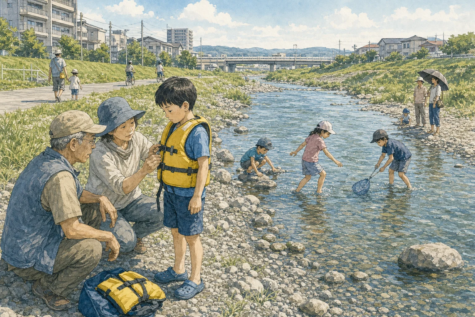 警察庁の統計による令和7年夏期の水難発生状況をまとめた図。全国の水難者は535人で前年より66人減、うち死者・行方不明者は241人。中学生以下の水難者は103人で全体の19.3パーセント、うち死者・行方不明者は15人。場所別では海が288人で53.8パーセント、河川が187人で35.0パーセント。死者・行方不明者に限ると河川は94人で前年より6人増えた。静岡県内の発生は25件、水難者27人、死者12人。