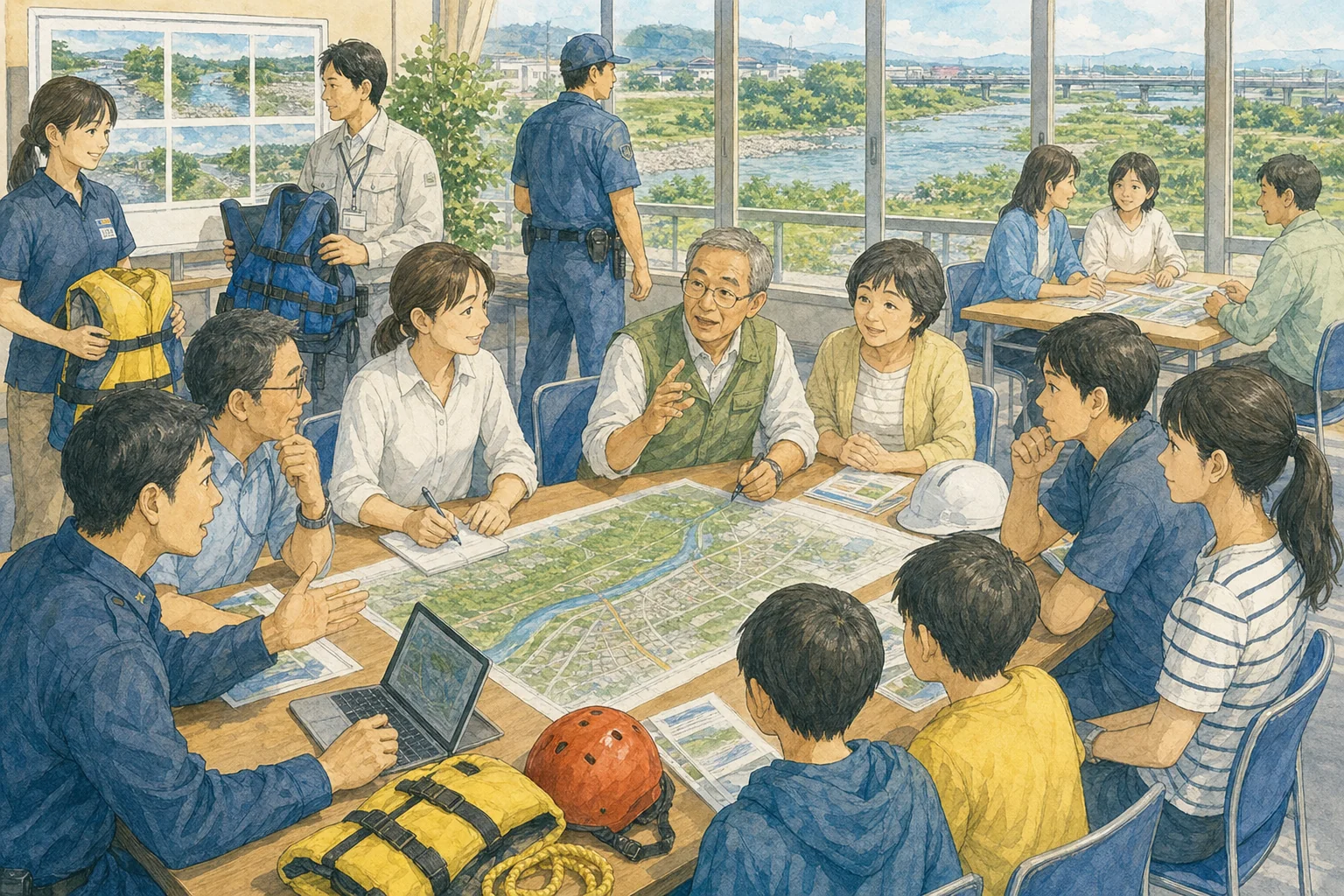 子どもを水の事故から守る5つのポイントをまとめた図。1つ目、ライフジャケットは大人も子どもも必ず着用し、体のサイズに合ったものを正しく着る。2つ目、行く前に天気と川の水位を確認し、上流の雨や増水のおそれがあるときはやめる。3つ目、深み・流れの速い場所・藻の茂る場所など危険箇所に近づかない。4つ目、海水浴場が開設されていない海岸では泳がない。5つ目、子どもだけで水遊びをさせず、保護者は子どもから目と手を離さない。