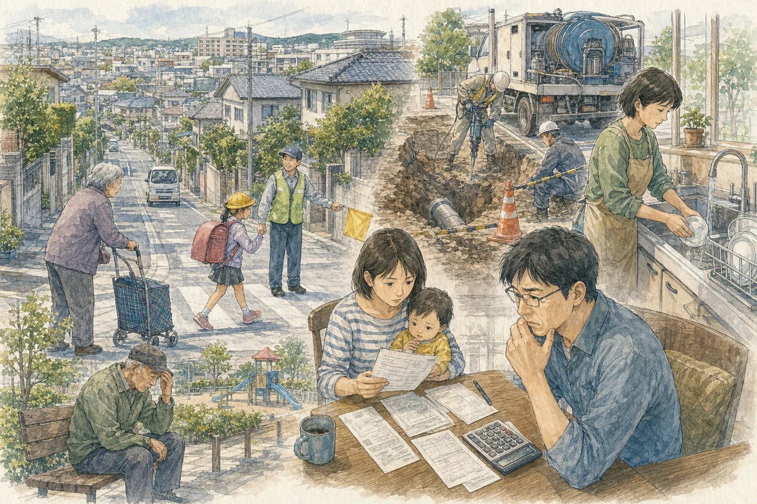 無関心の請求書として、この連載で裏取りしてきた磐田の数字を並べた図。下水道使用料は審議会が1立方メートル135円から150円への引き上げの道筋を提示。国保税は令和8・9年度改定で一人あたり平均年間約9,700円の増額見込み。水道は現在のペースだと管の入れ替えに154年かかる計算で値上げを審議中。市立総合病院は救急車6,011台を受け止めて21億円の赤字。市の予算は一度800億円を超え、772億円に戻った。これらはどれも隠れて決められたものではなく、公開の手続きを経て、誰も見ていない間に静かに決まっていった。
