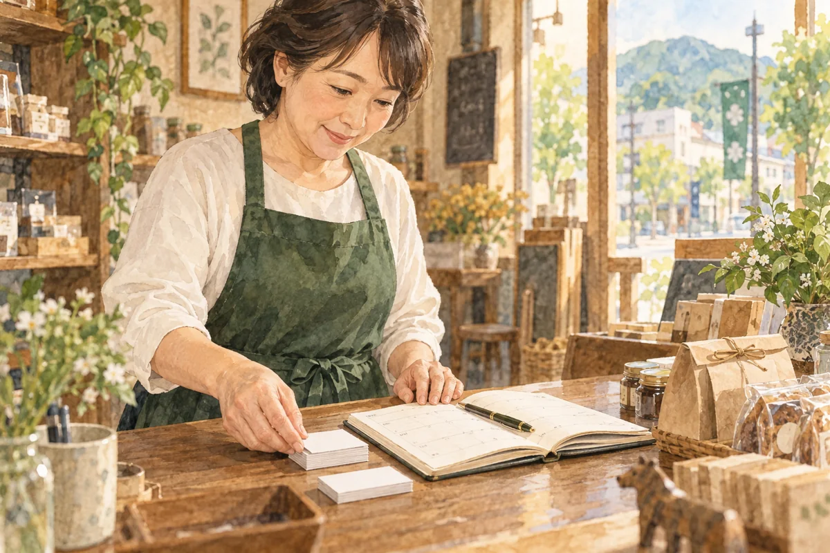 店のカウンターで手帳を開き、名刺を準備する店主