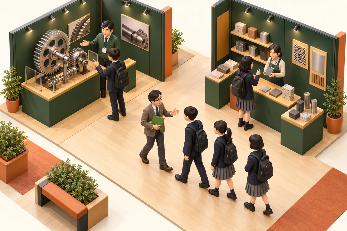 案内役と学生のグループが企業の展示ブースを順番に回る立体イラスト