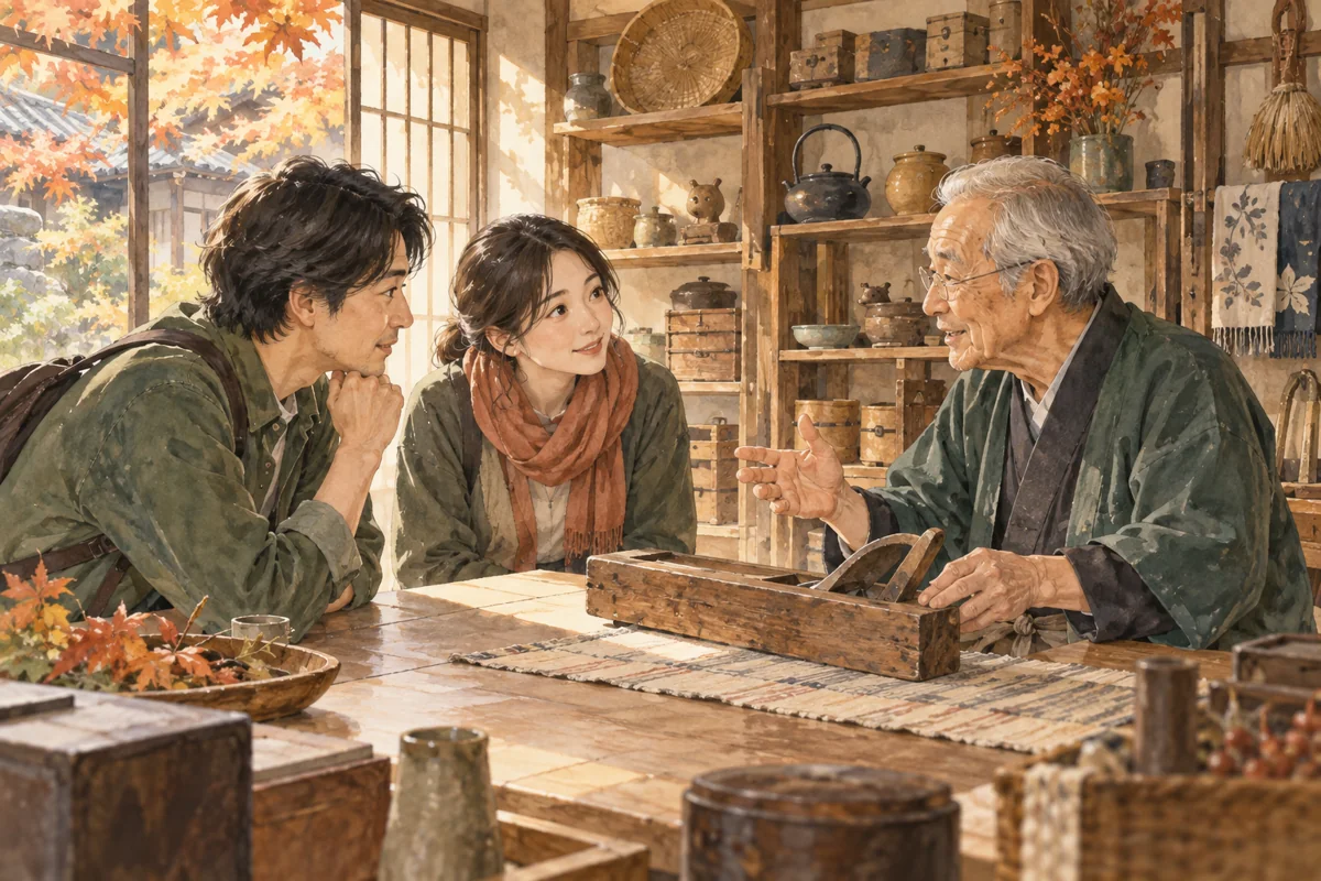 木の机に置いた古い道具を囲み、店の人の説明を聞く二人の水彩画