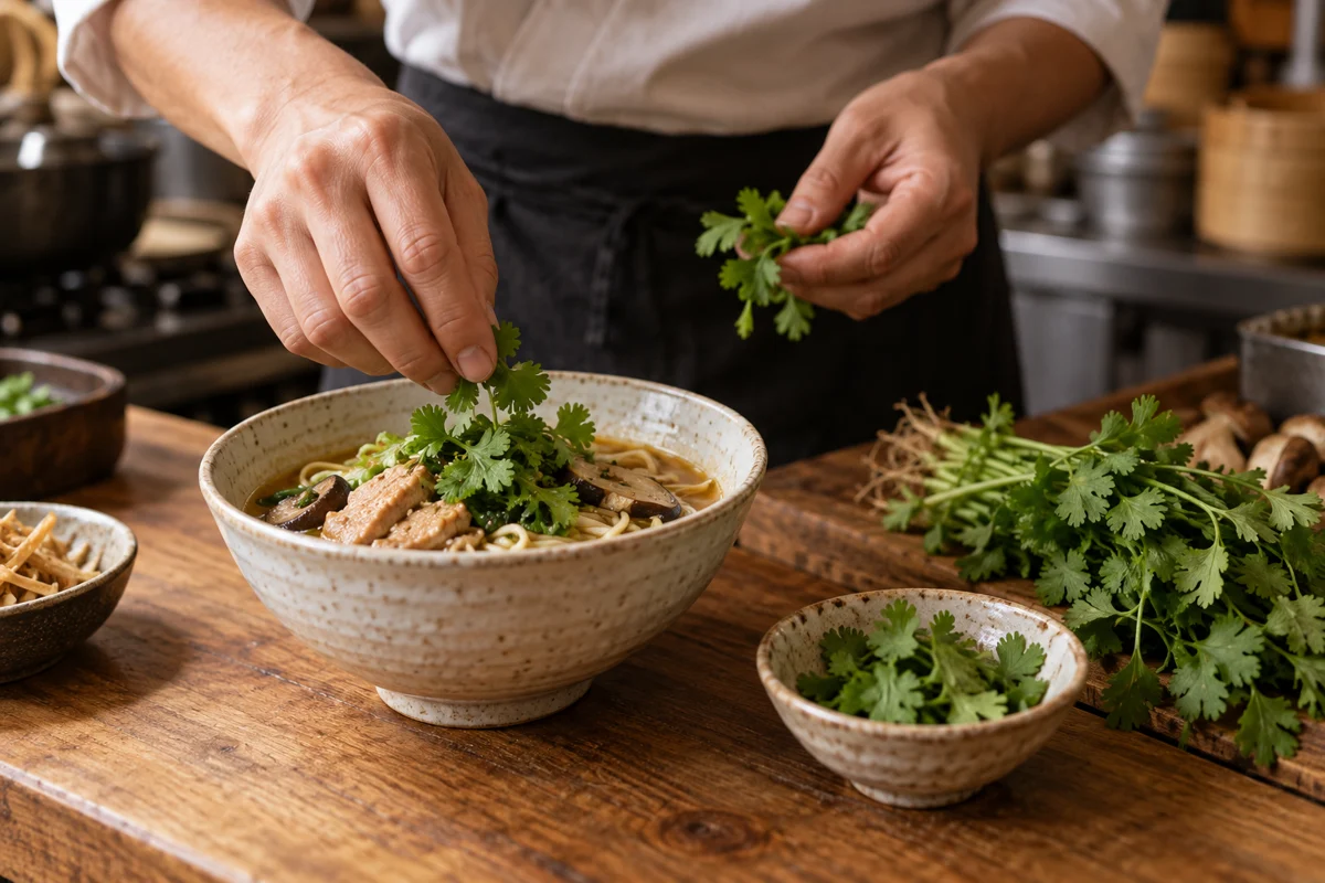 調理台でパクチーの葉を麺料理に添える手と別添えの小皿