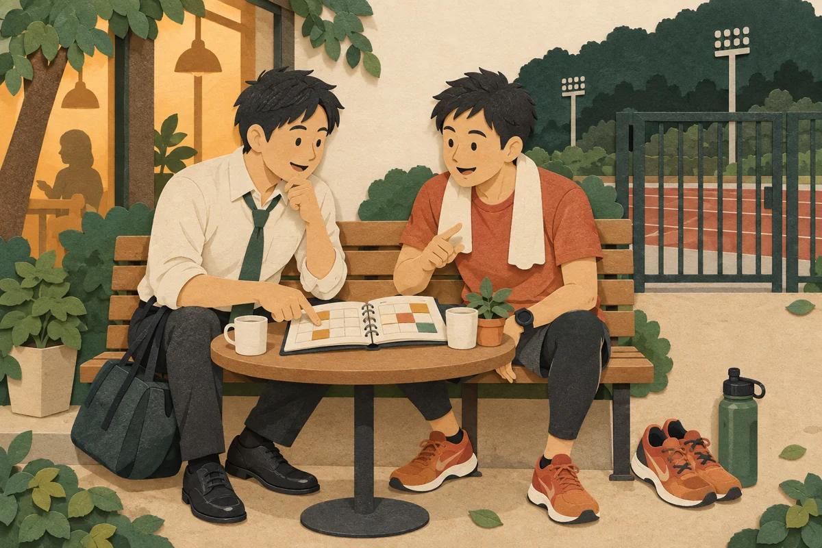 運動バッグを持つ二人が手帳を開いて仕事帰りの練習予定を相談する切り絵