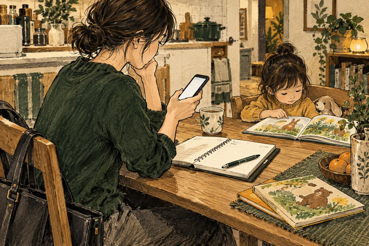 仕事の鞄を傍らに置いた親が、絵本を読む子どもの隣でスマートフォンを操作する線画