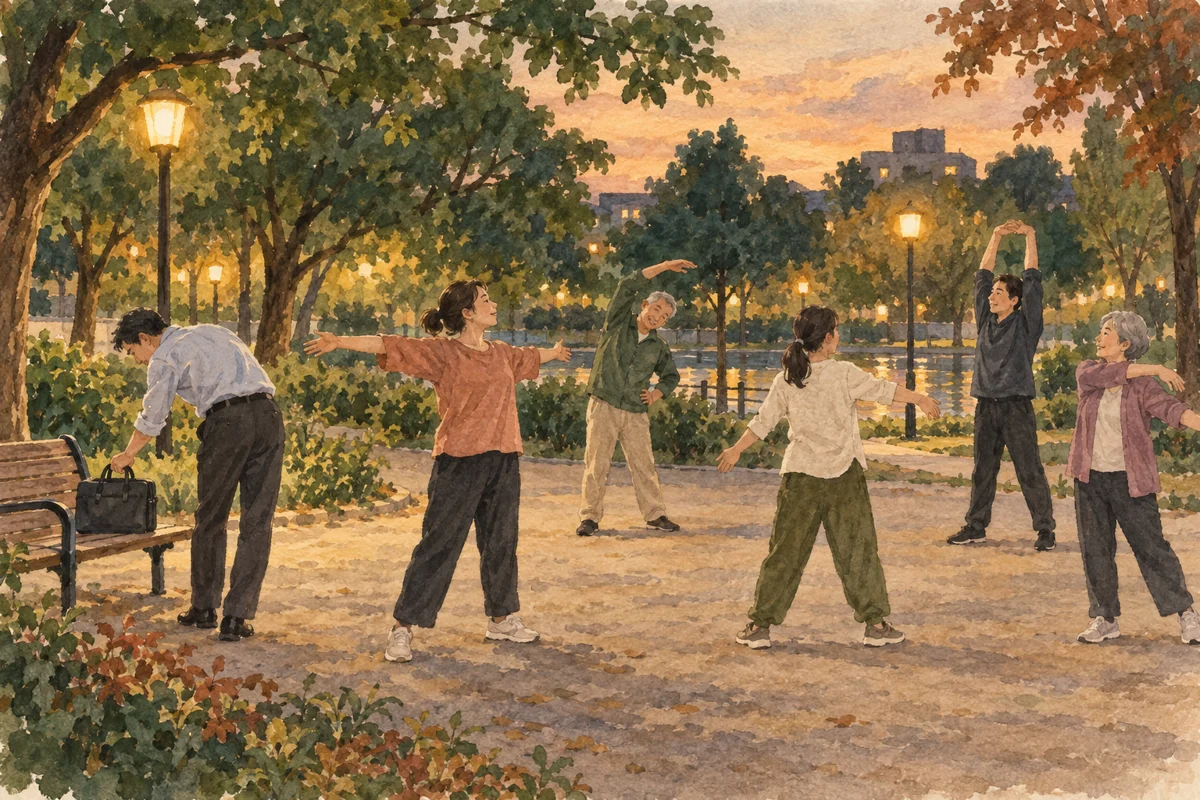 夕方の木々と街灯に囲まれた広場で、大人たちが軽く体を動かす水彩画