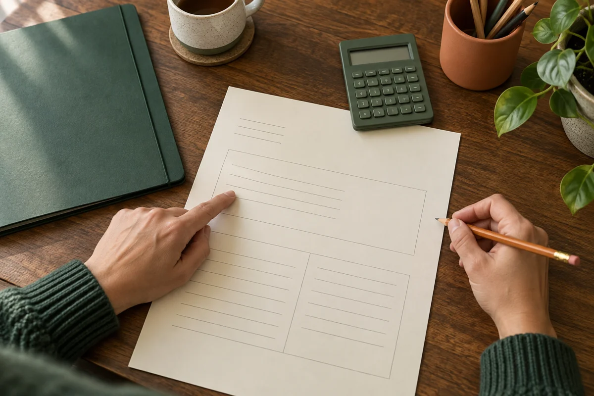 会社の情報を確認するイメージとして、白い書類の欄を指す手と電卓、ペンを上から見た写真調画像