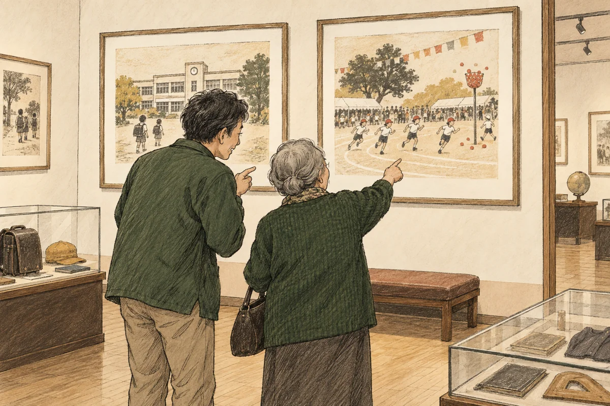 学校の風景や運動会を描いたパネルを前に、二世代の家族が指を差して話す線画