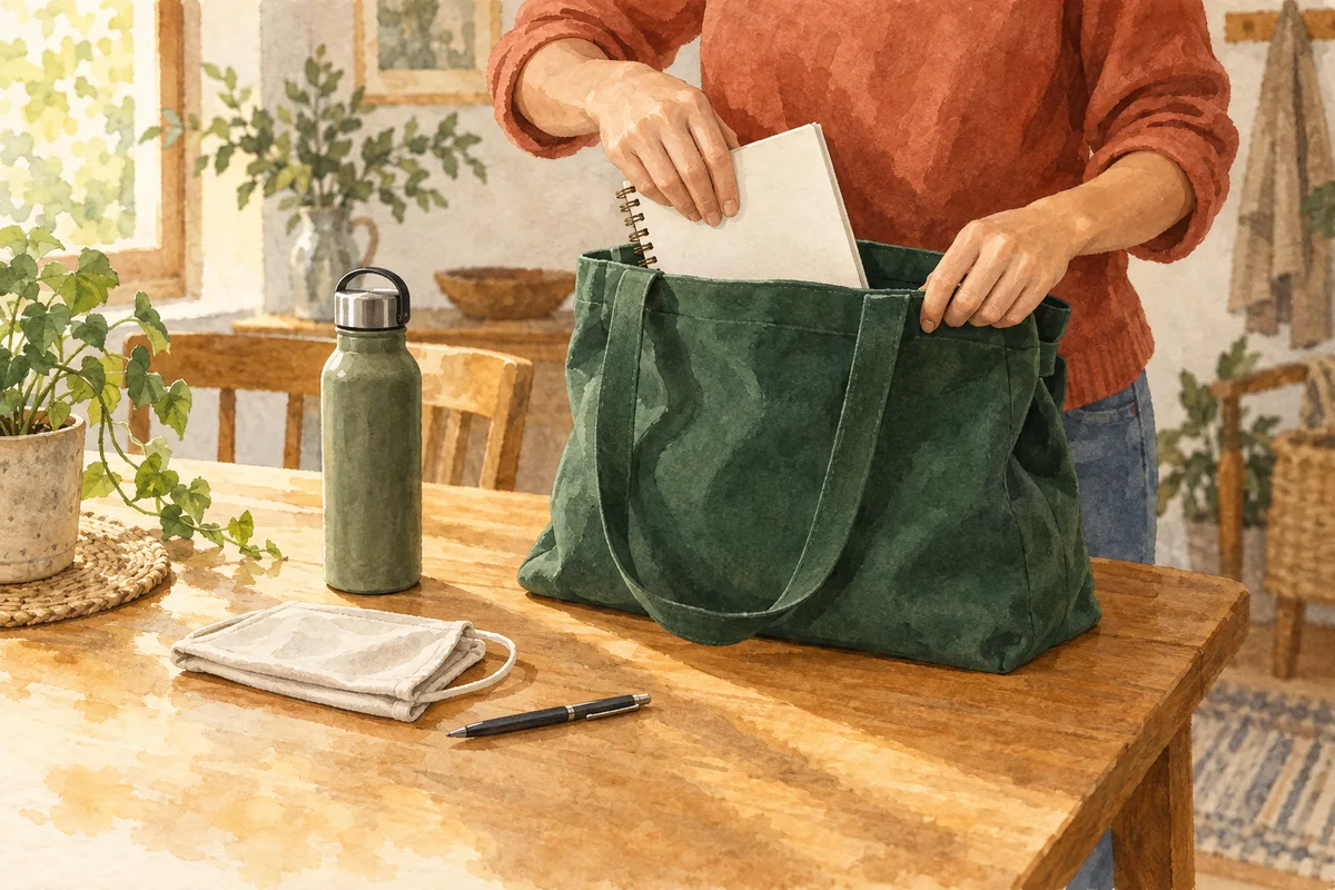 救命講習へ行く前に筆記用具と飲み物、マスクを鞄に揃える手元