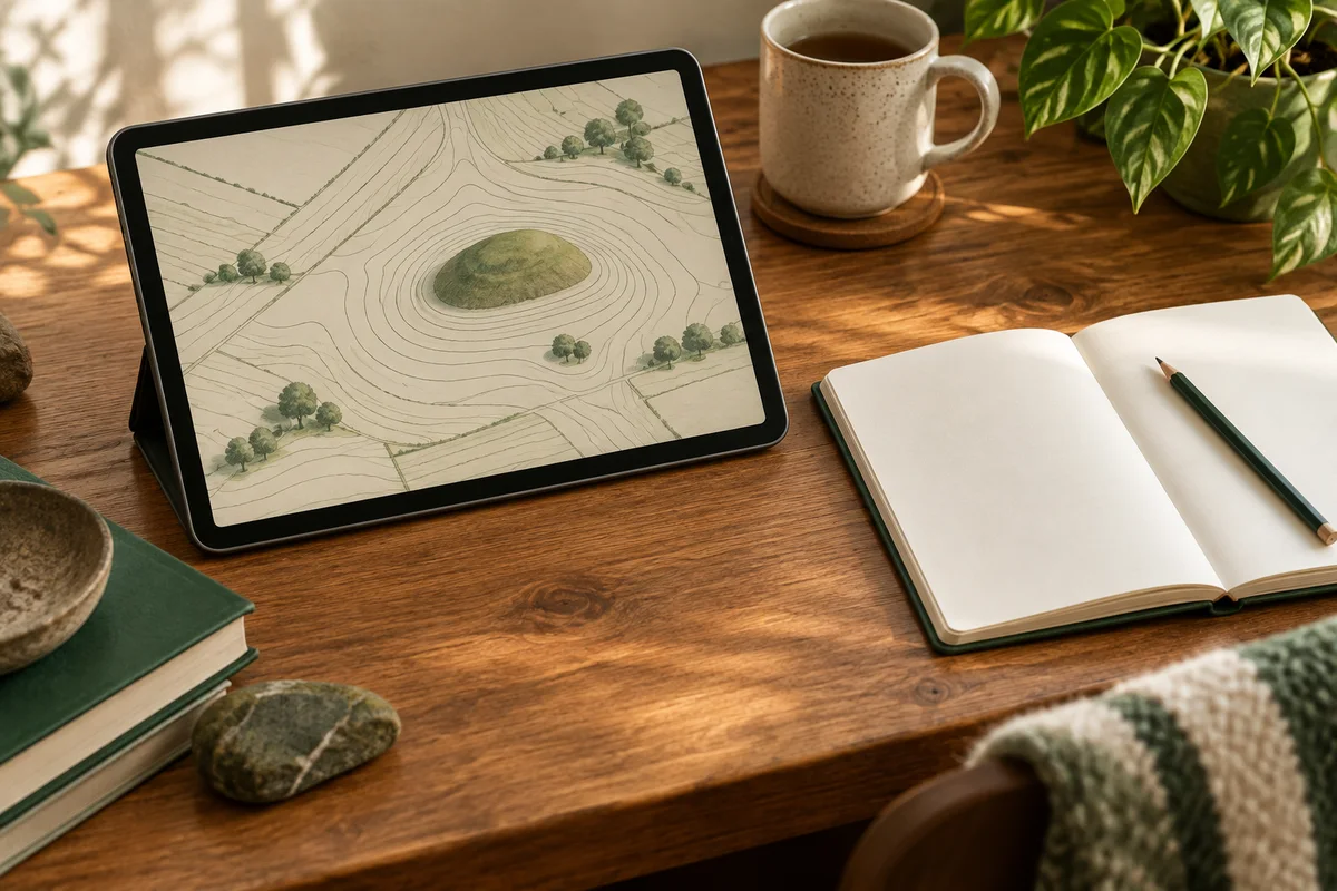 家の机で地形の模式図を表示したタブレットとノートを並べ、発掘速報の要点を確かめる静物