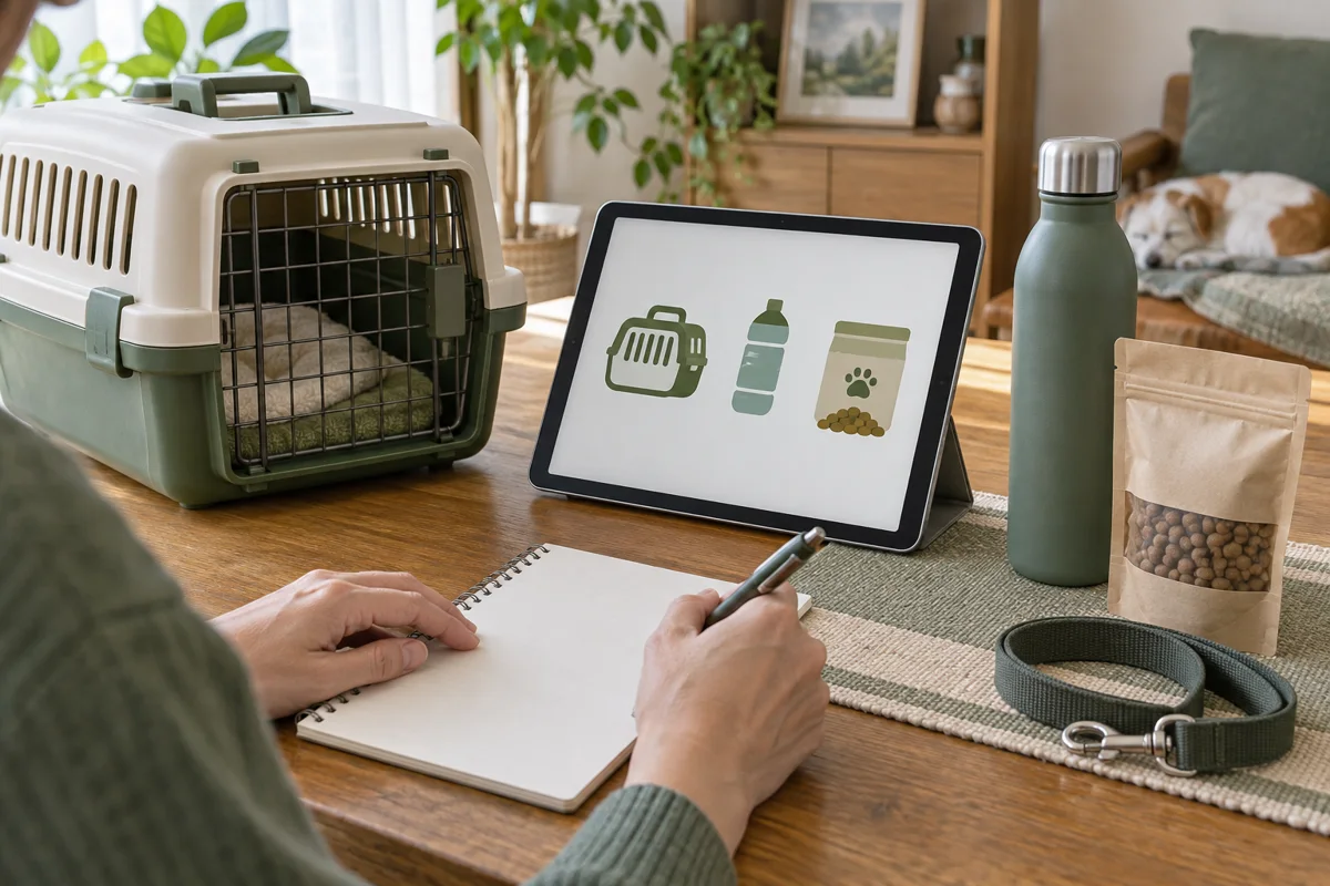 自宅でタブレットとメモを見ながらキャリー、水、ペット用品を確かめる手元