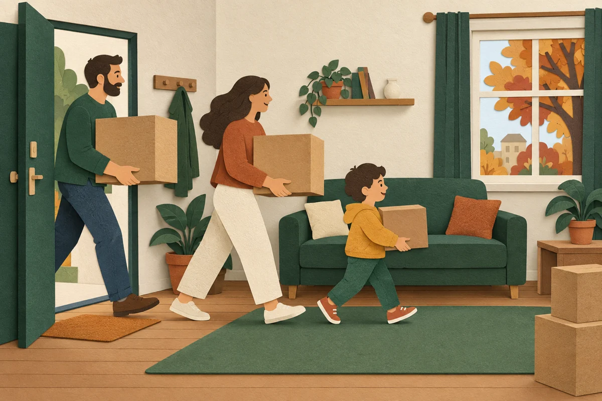家族が引越し用の箱を一般的な住まいへ運び込む切り絵。募集住宅を再現したものではない