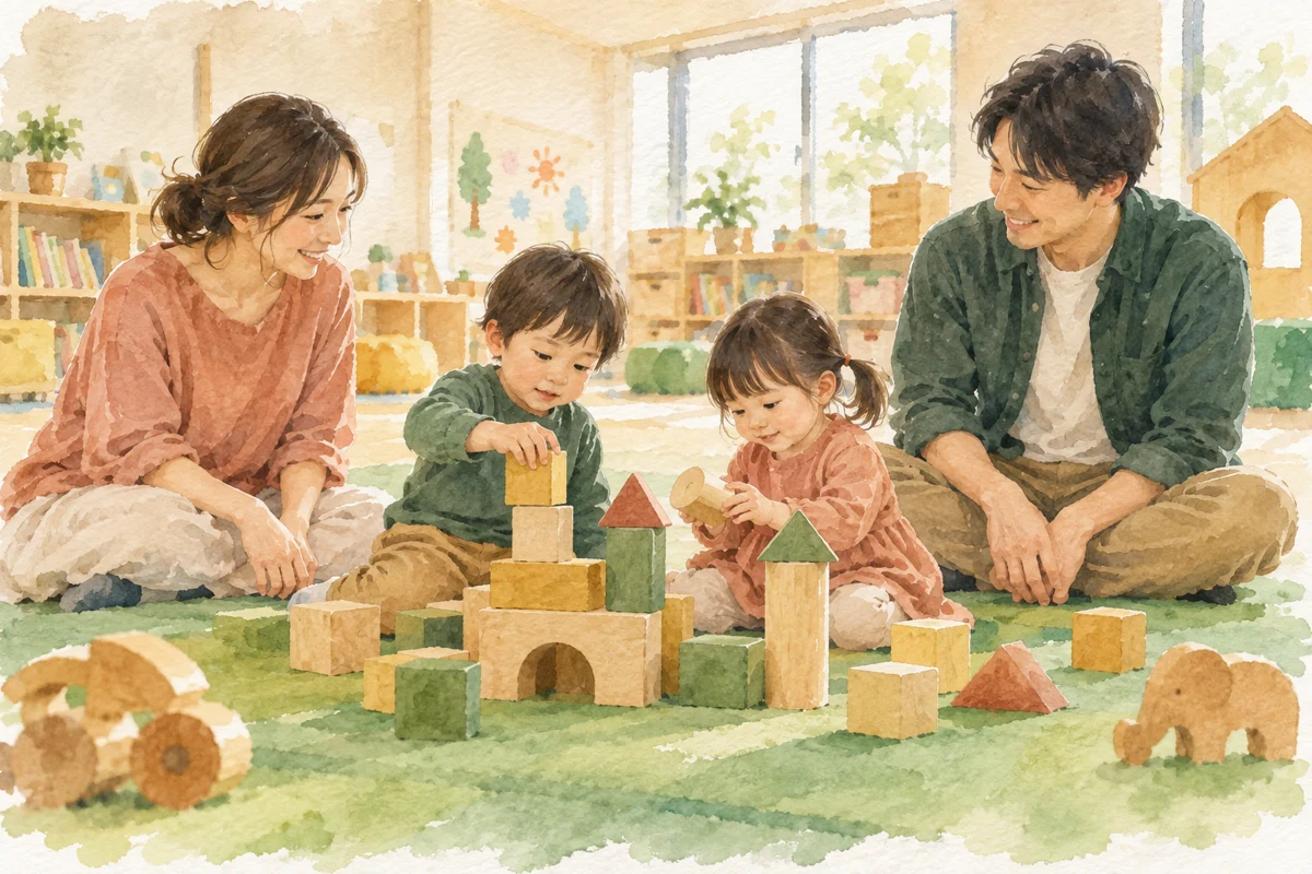 子育て支援の遊び場で親子が積み木を囲む水彩画。実際のにっこにこを再現したものではない