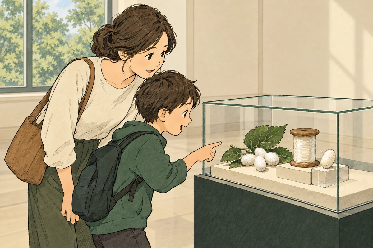親子が展示ケースのまゆと糸を見比べる線画。実際の竜洋昆虫自然観察公園の展示室ではない
