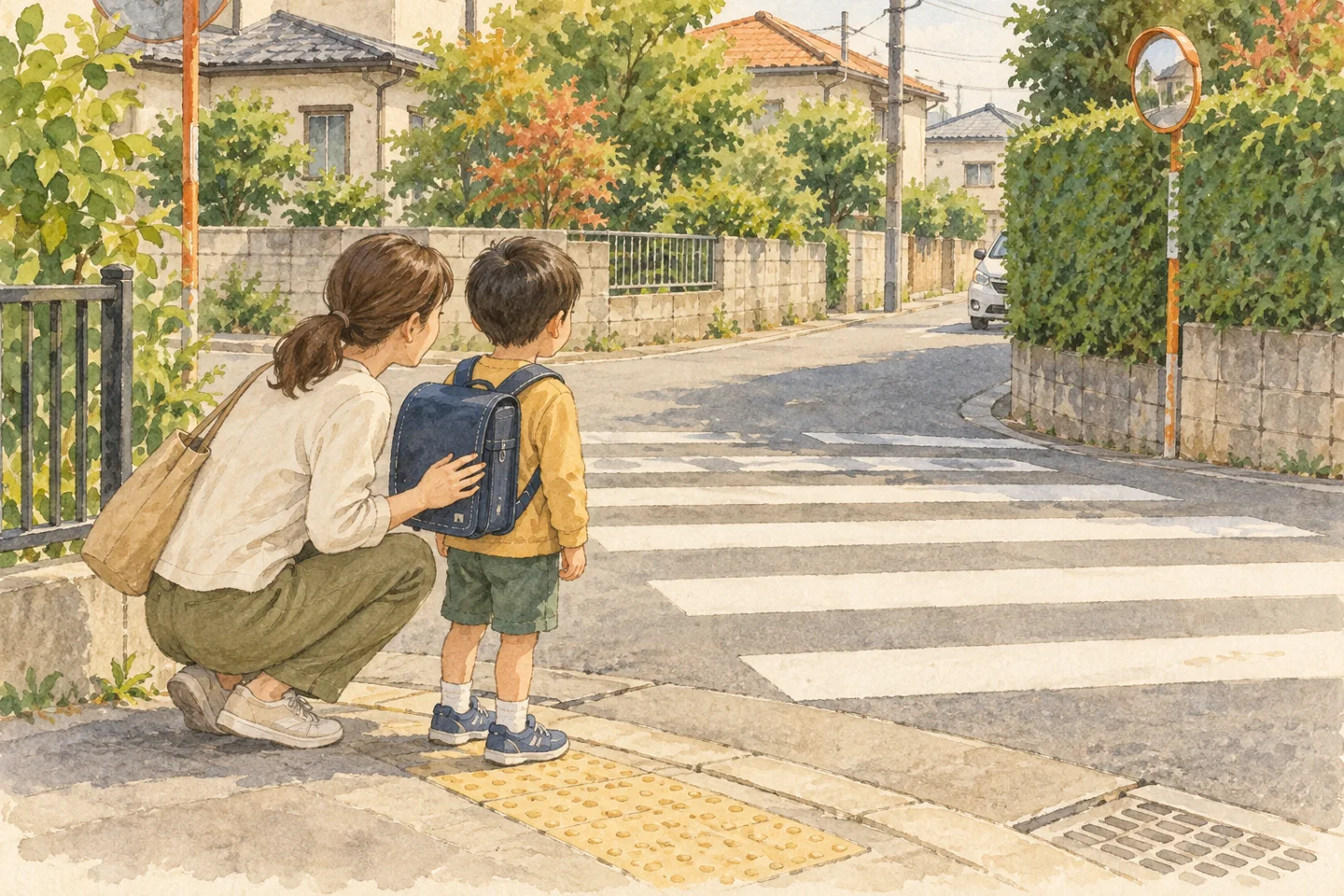 親子が横断歩道の手前から曲がり角の車を確認する水彩画