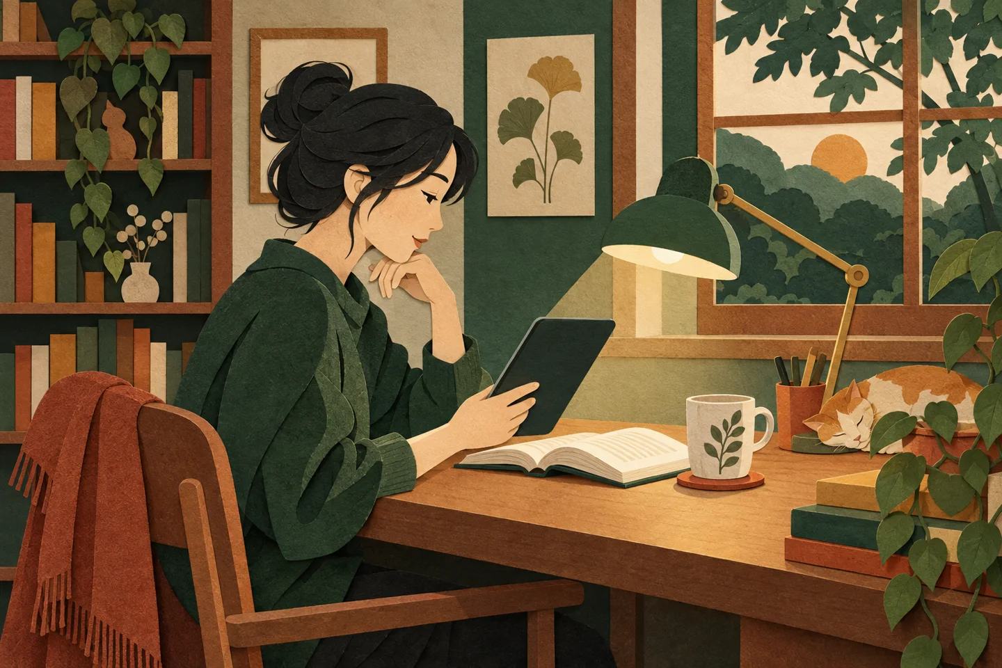 自宅の机でタブレットと本を見比べる人を紙の重なりで描いた読書の場面