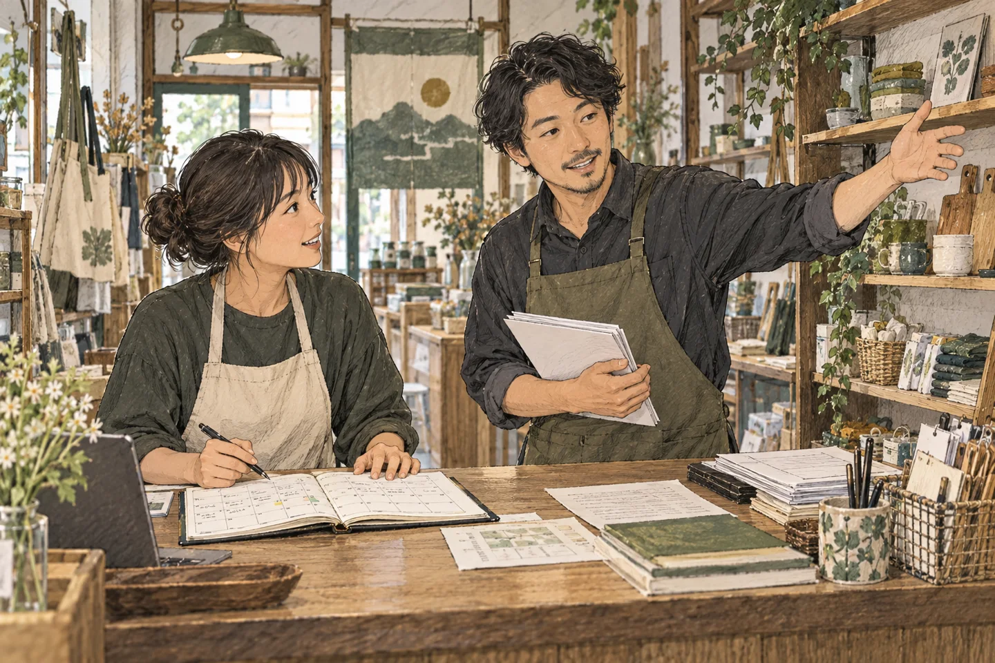 小さな店のカウンターで二人が予定帳を囲み仕事の分担を相談する線画