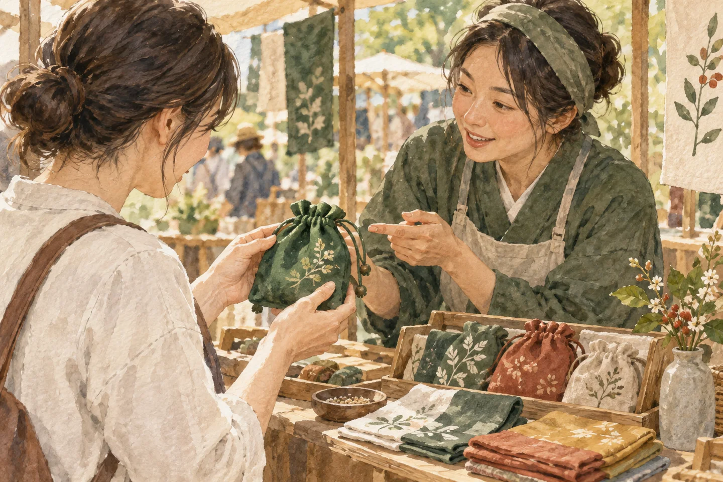 販売台で布小物を手に取った買い手と作り手が話す水彩画。商品は架空の例
