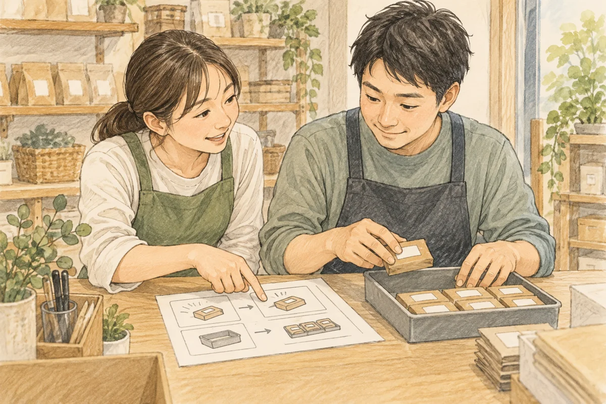 作業手順書を見ながら小箱の並べ方を二人で確認する場面