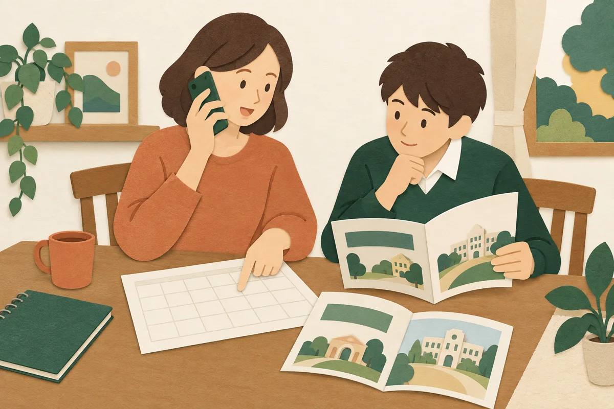 進学資料を子どもと見ながら電話相談する親の切り絵