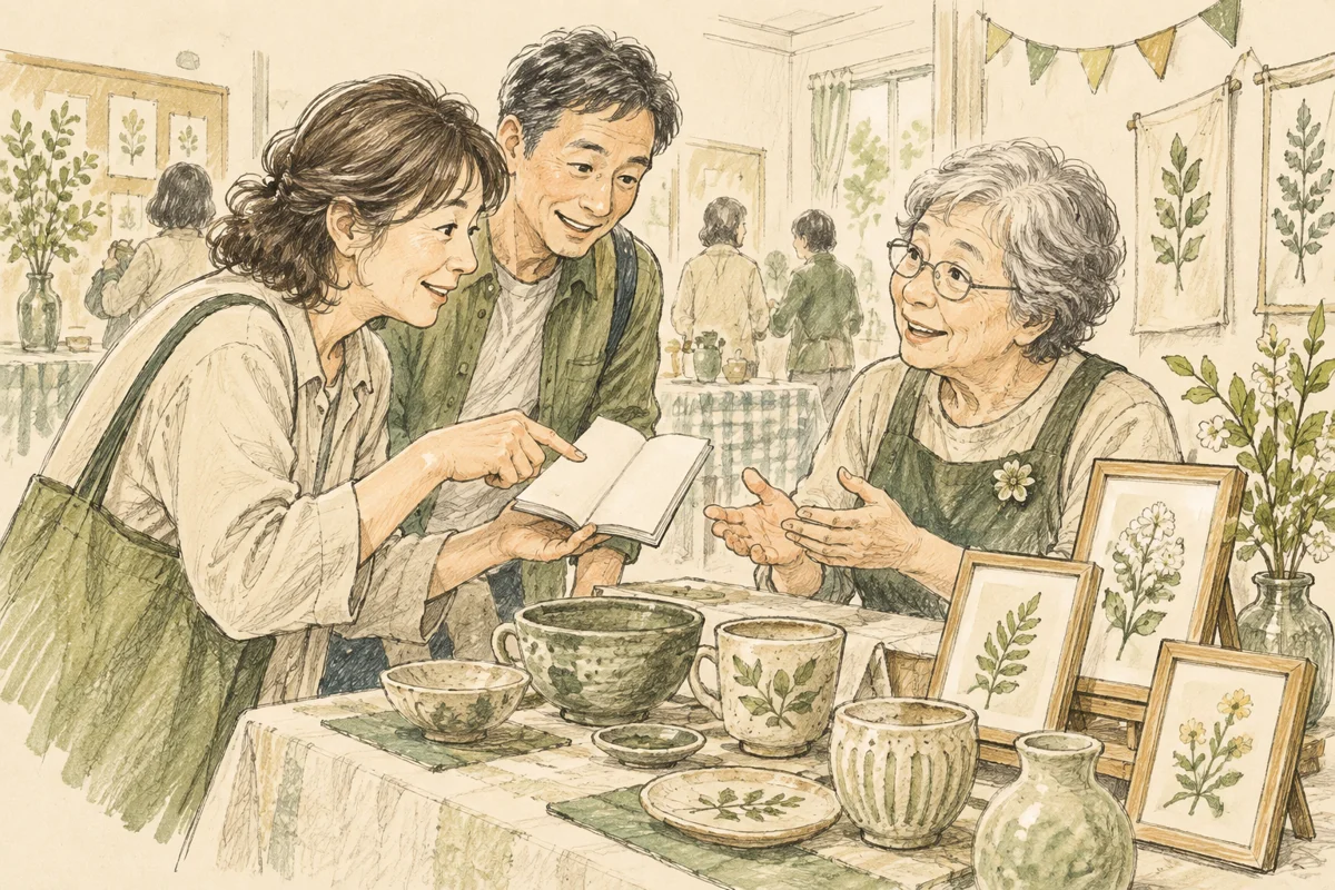 展示作品を見ながら次の活動について話す来場者と活動メンバー