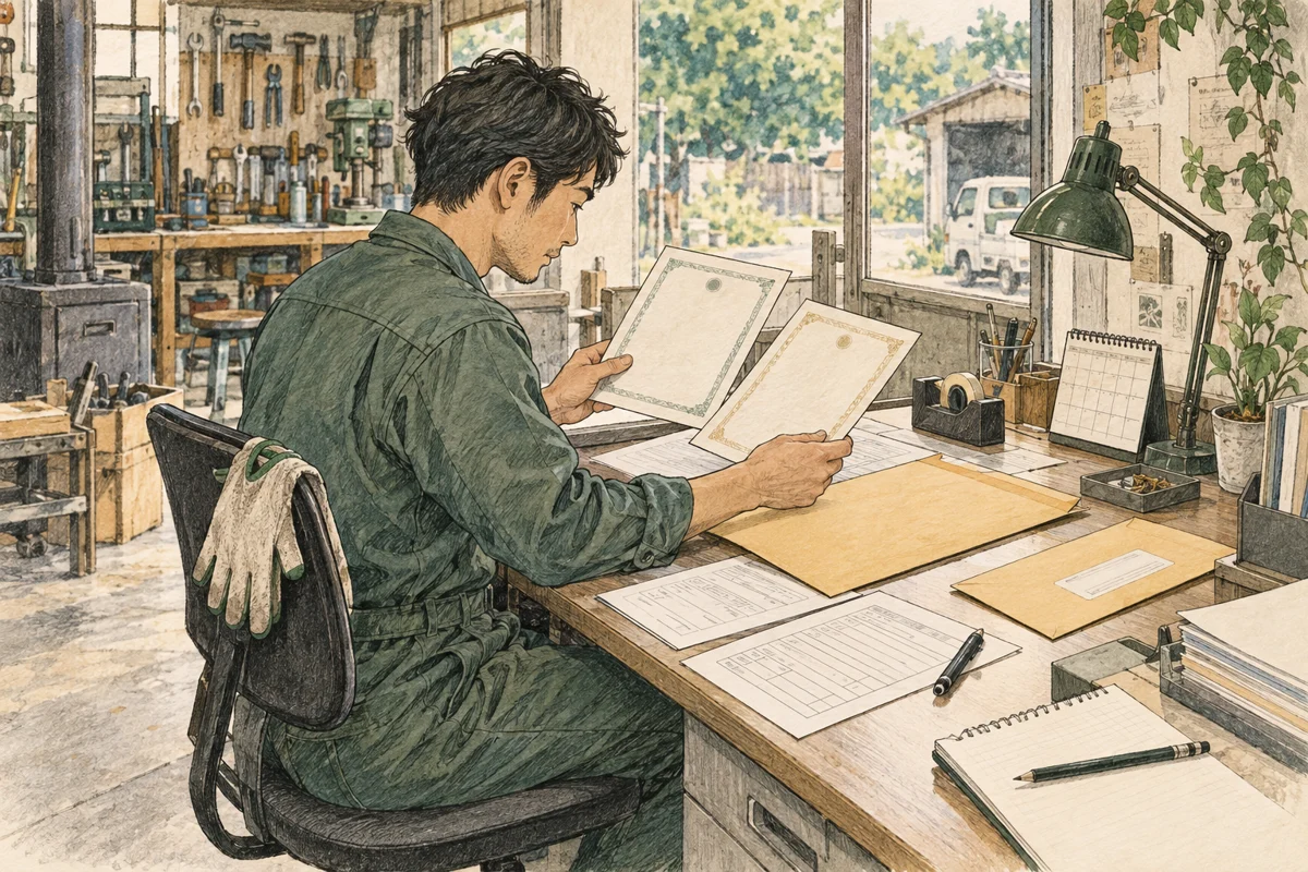 作業服の事業者が机で申請書と証明書を照合し郵送用封筒を準備する場面