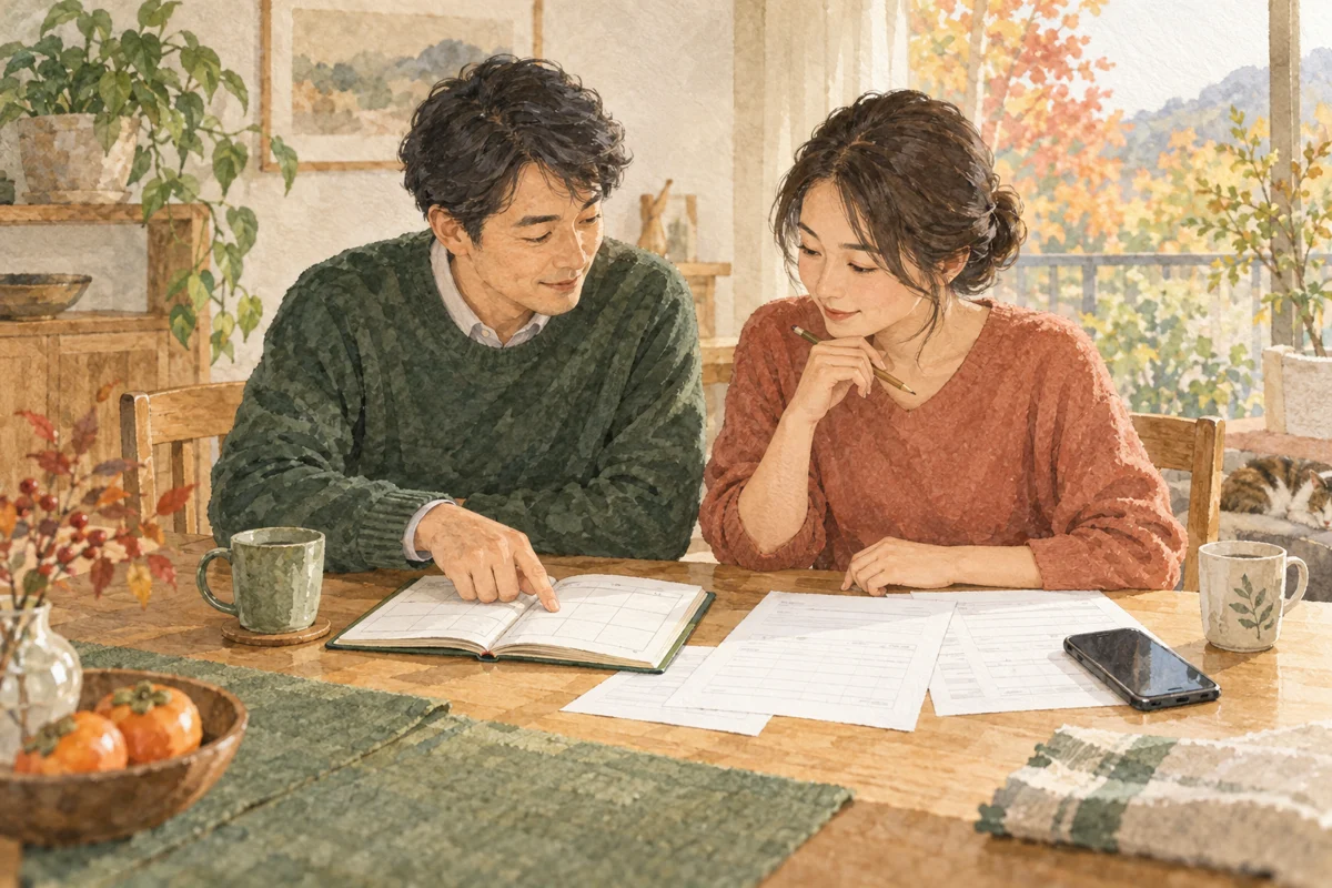 食卓で家族が手帳を開き調査の記録日と回答方法を確認する場面