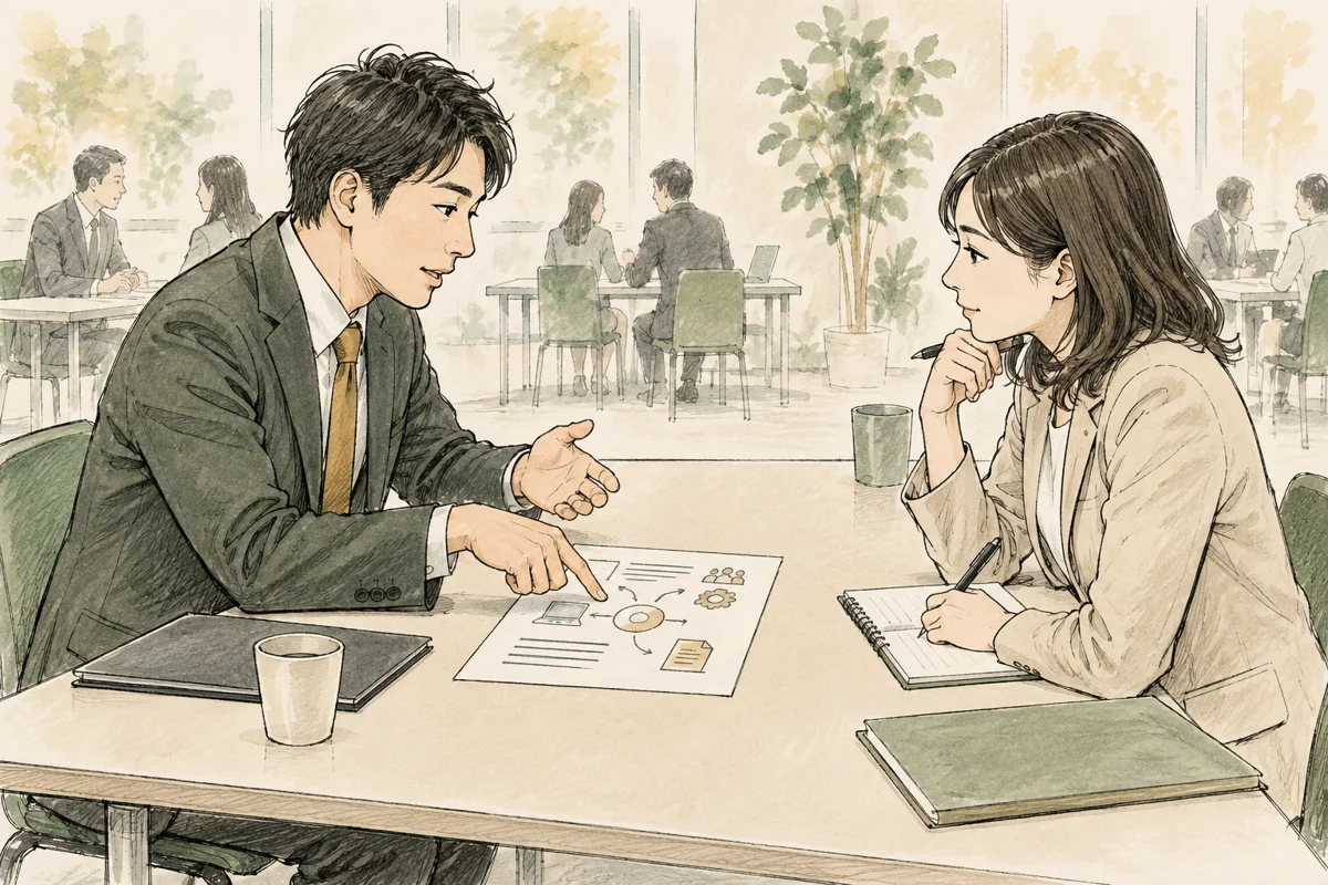 企業担当者が大学の就職支援担当者に職務内容の紙を見せて質問する面談場面