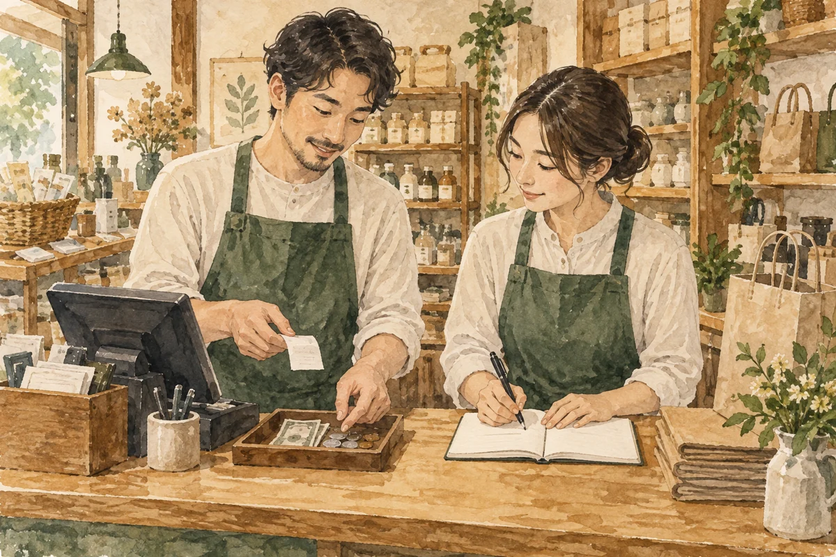 店のレジで一人の従業員が締め作業を説明し、もう一人が手順をノートに書く水彩画