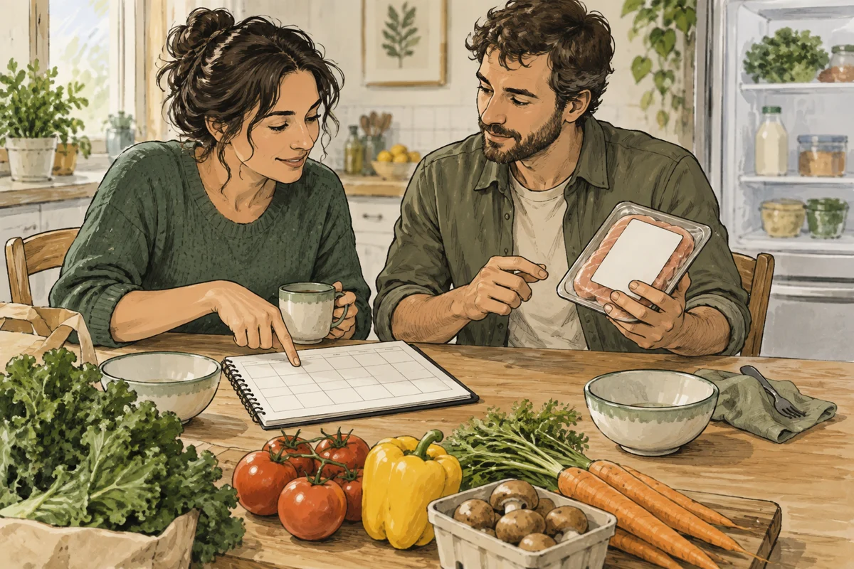 台所の食卓で家族が食品のパックと予定帳を並べ、食べる日と量を相談する手描き風イラスト