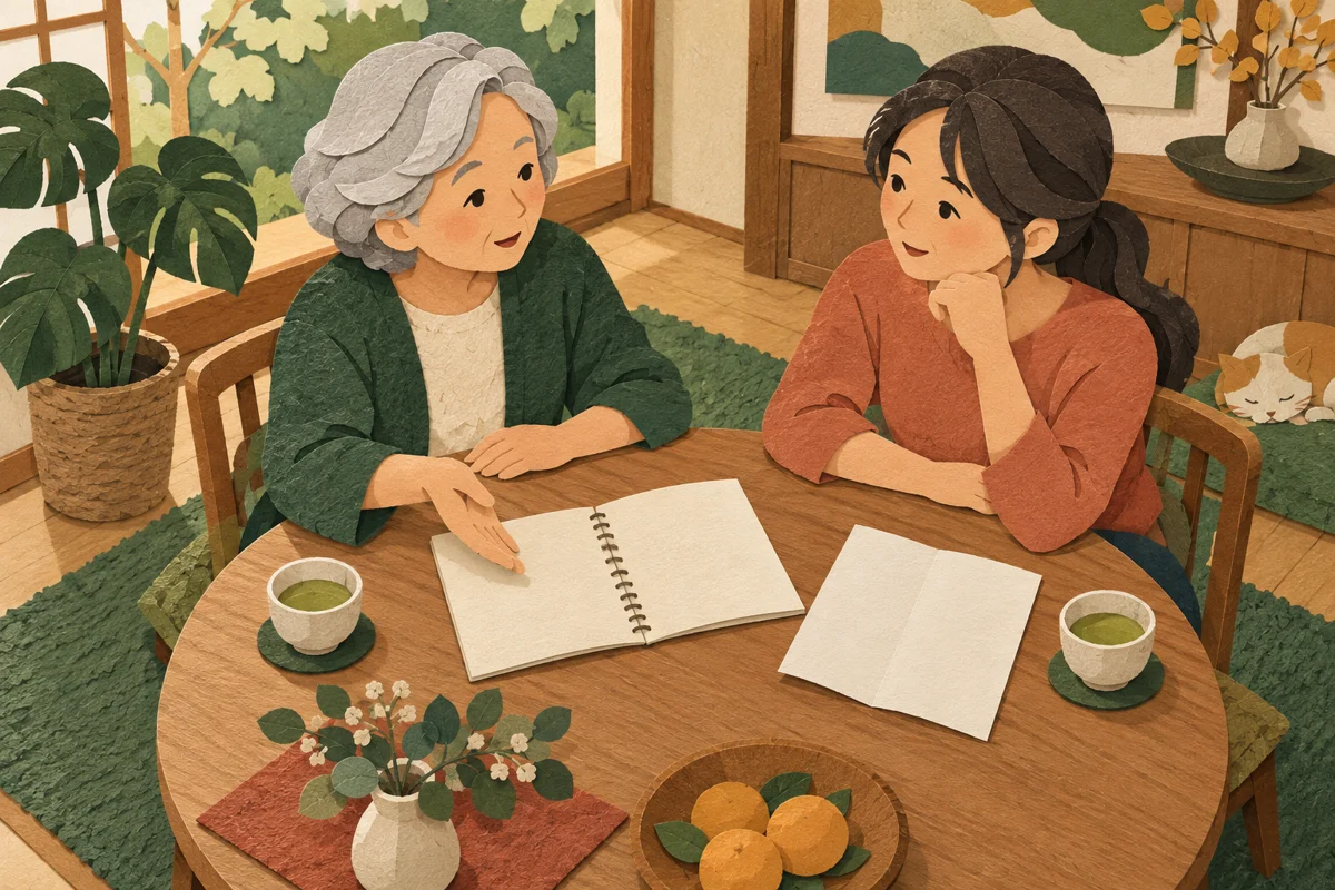 食卓の予定帳と案内紙を前に、親子が参加するか相談する切り絵イラスト