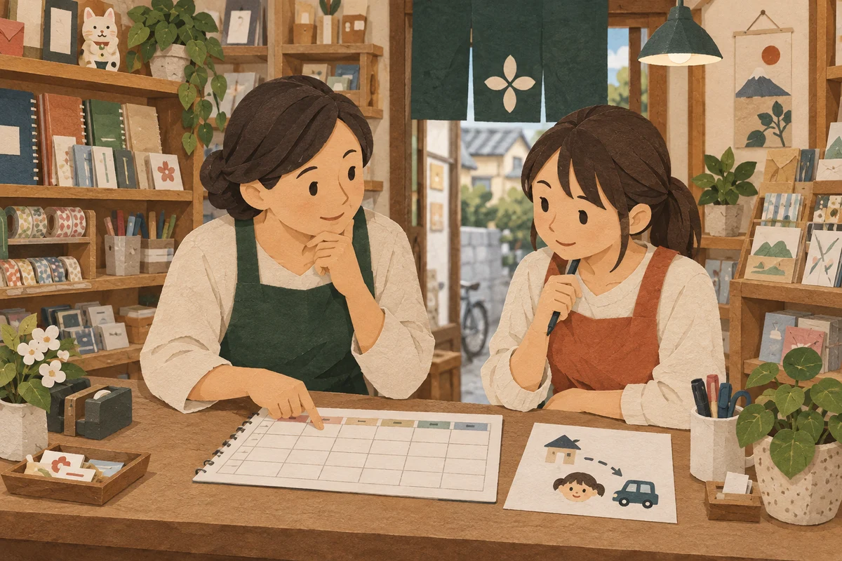 店のカウンターで店主と従業員が予定を相談する切り絵