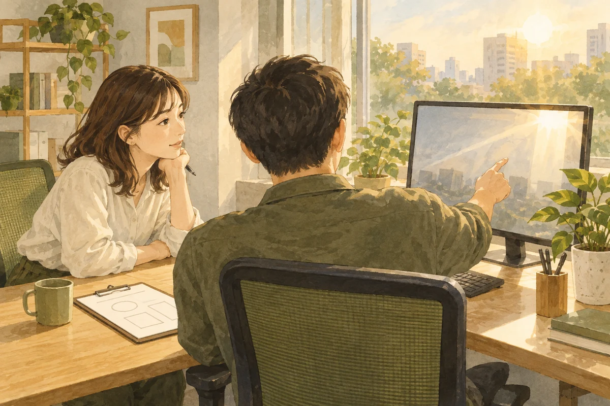 画面への日差しについて同僚に説明する従業員の水彩画