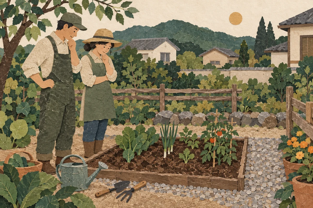 小さな畑の区画を前に広さを確かめる二人の切り絵