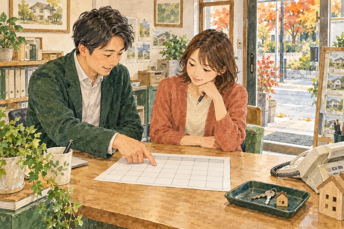 小さな店で勤務表を指しながら交代を相談する二人の水彩画